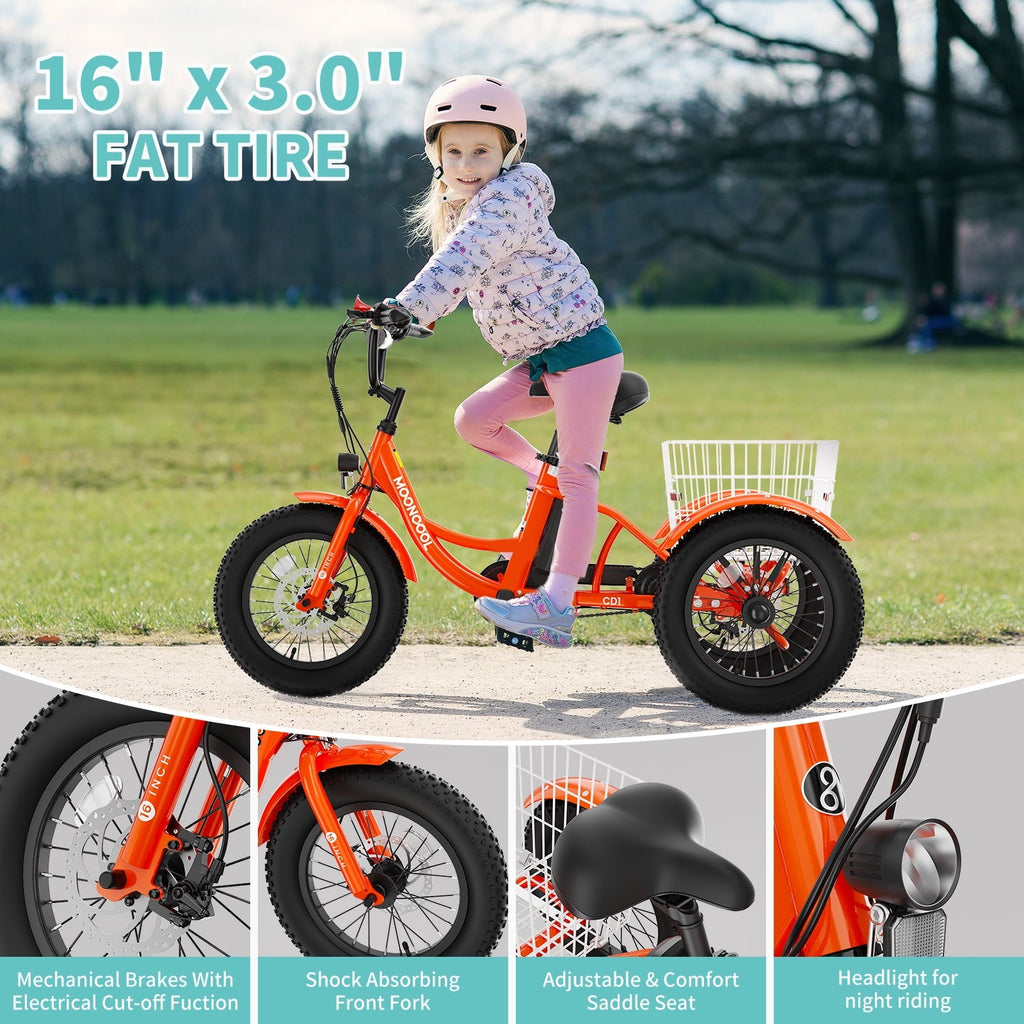 MOONCOOL Electric Tricycle for Kids ,16x3 3 Wheel 250W 10.4Ah Etrike W/ LED headlight & Rear Basket & horn bell & DIY stickers .6/9/12.5 MPH