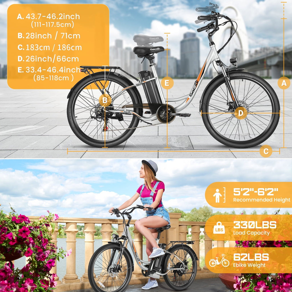 Gocio 26 Electric Bike for Adults, 500W Motor, City Commuter E-Bike, 48V 7.8Ah Removable Battery, Max 19.8Mph, 7 Speed, UL2849