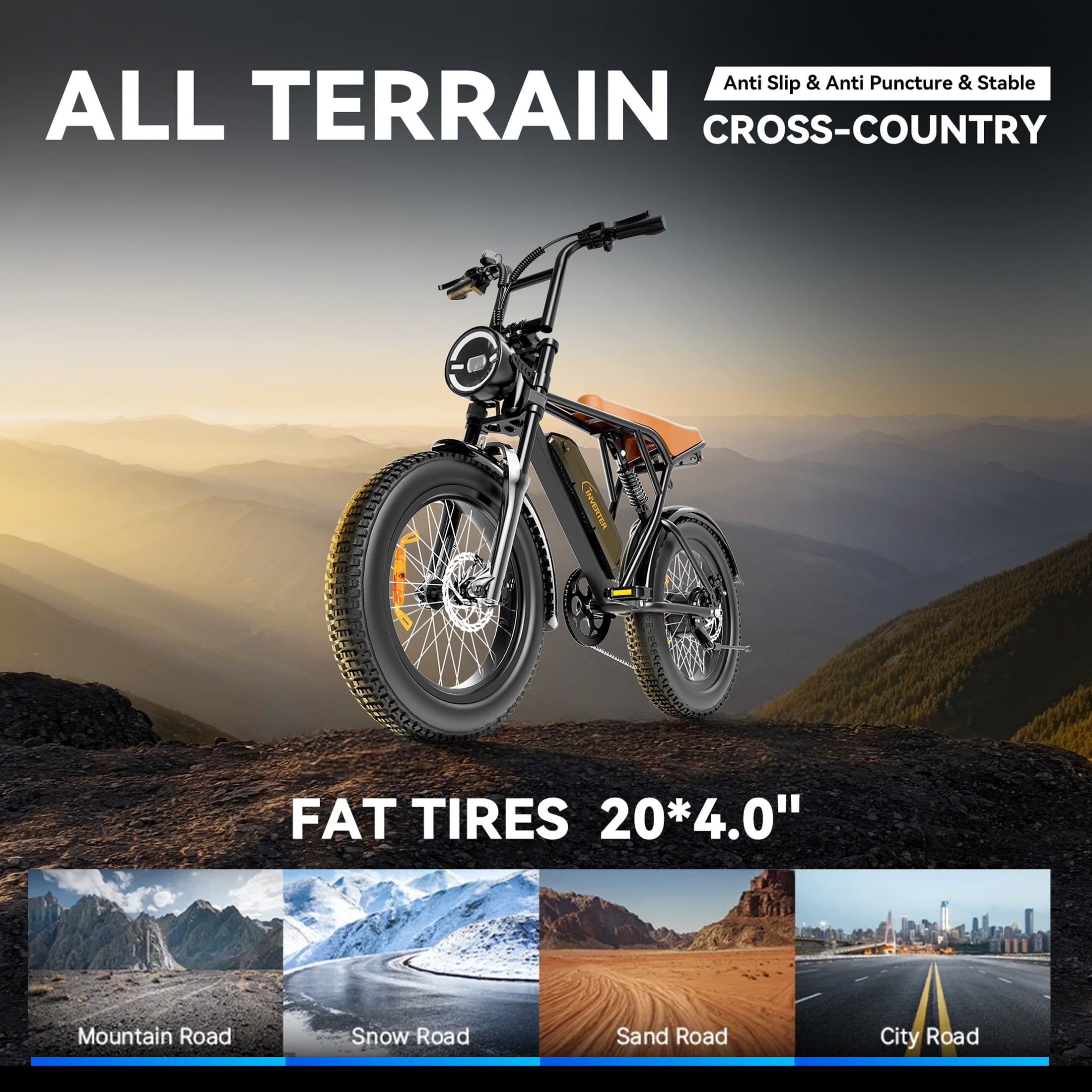 C INVERTER 20 x 4 Fat Tire Electric Bike for Adults, Peak 1100W Motor Retro Ebike Mountain Bike, 48V 14.5 Ah Removable Battery, Max Speed 28 Mph Electric Bicycle Snow Bike