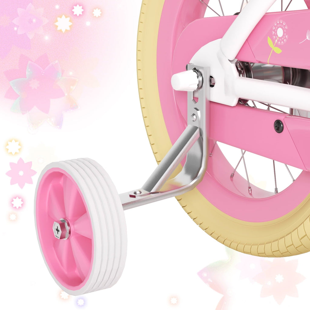 Korimefa Girls Bike for 3-9 Years Old Kids, 12 14 16 inch Kids Bike with Training Wheels, Basket and Doll Seat, Children Bicycles with Handbrake, Pink