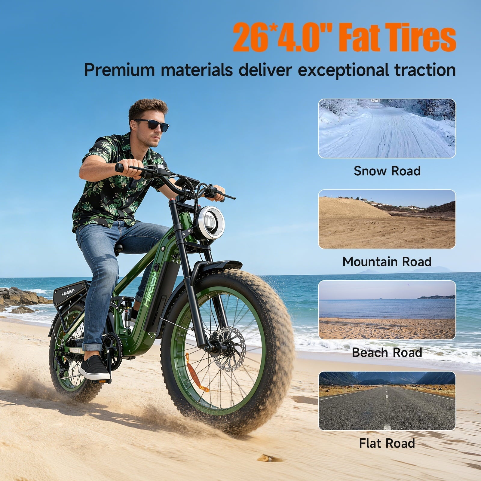 Electric Bike for Adults, 2000W 4000W Peak Motor, 48V 25Ah Removable Battery, 26x4.0 Fat Tire Ebike, 7-Speed Shimano, Front Fork & Linkage Suspension, Rear Rack, 40MPH, UL2849, Green
