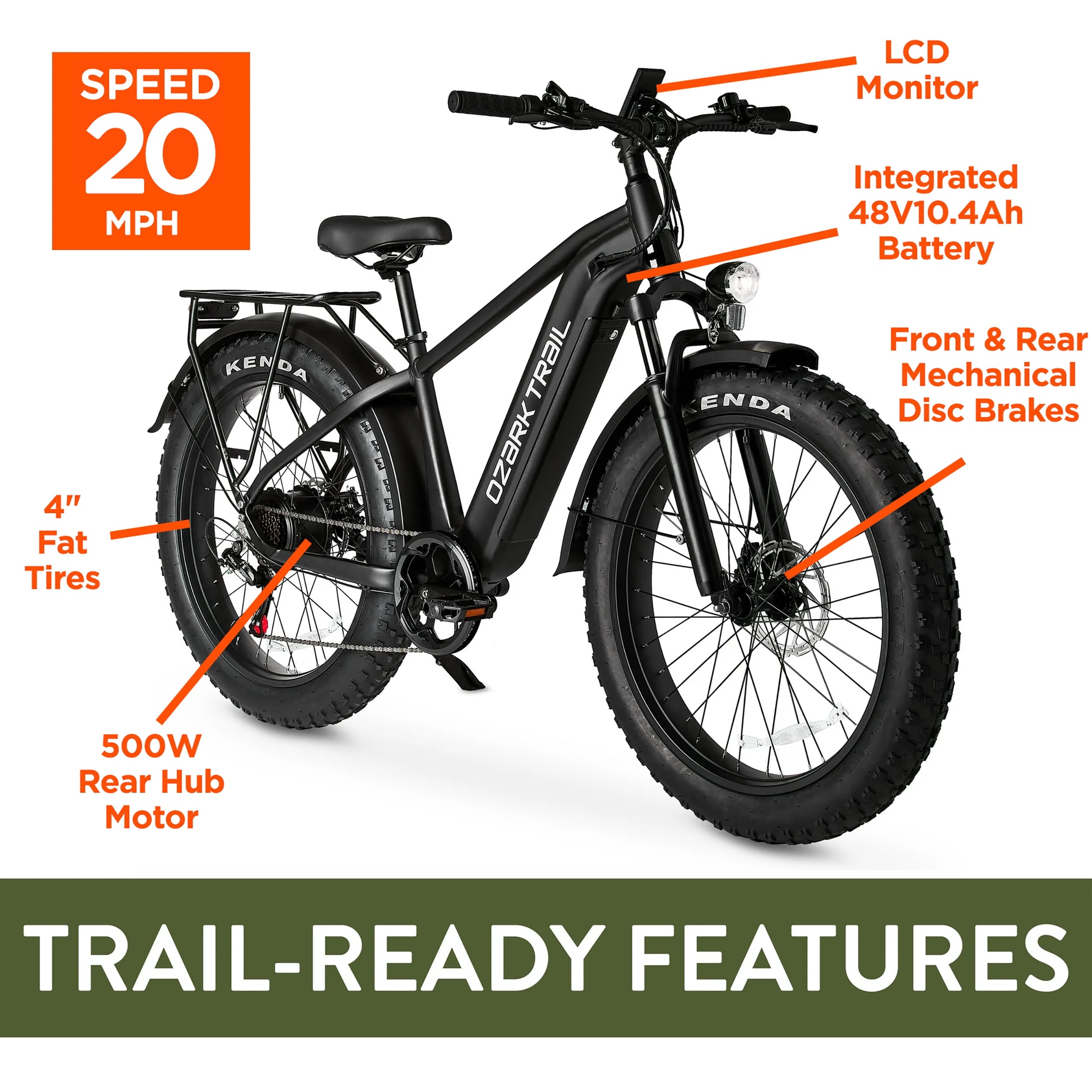 Ozark Trail 26 M.3 Ranger+ Electric Fat Tire Bike, 48V, Class 2, Black, Fits Riders 5'2 - 6'1, Adult, Unisex