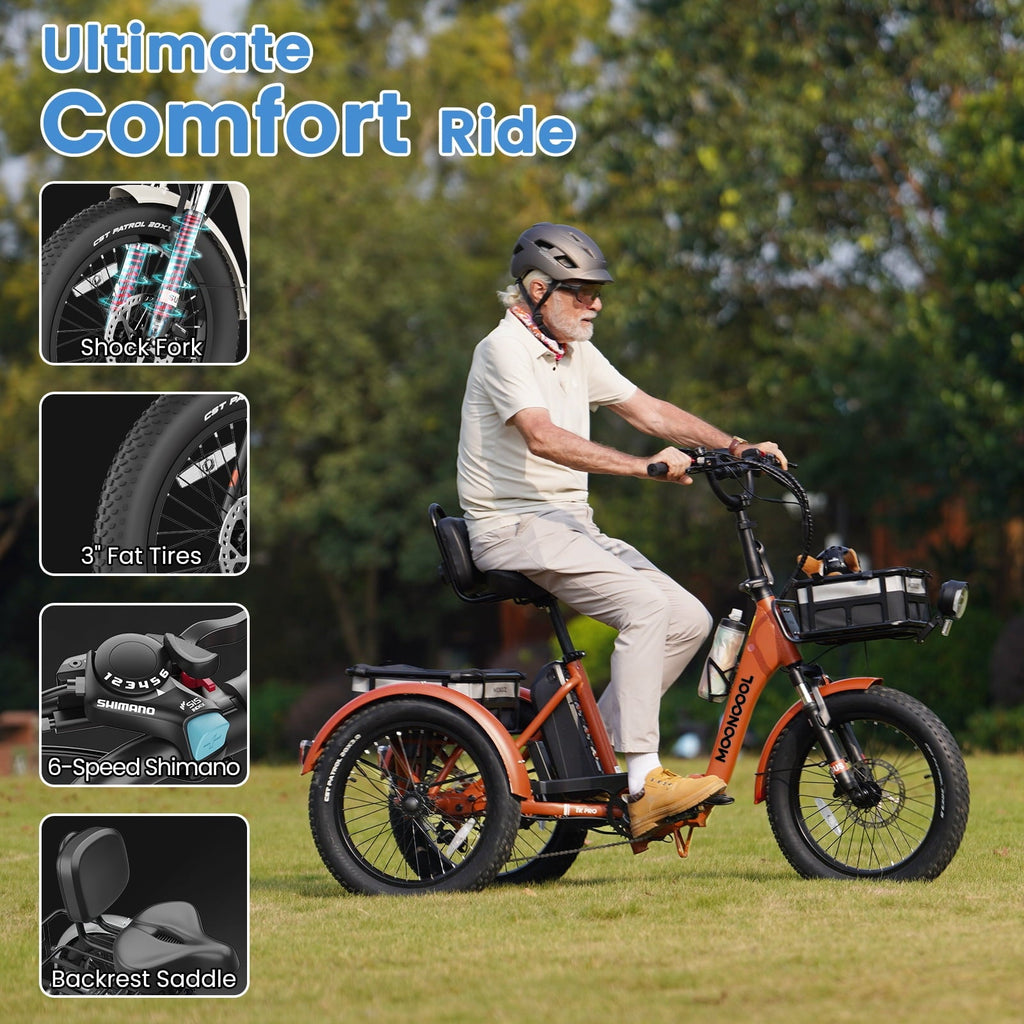 MOONCOOL TK Pro Foldable Electric Tricycle W/ Rearview mirror accessory Kit, 1500W Motor 48V 20Ah Battery, 20 Fat Tire Three Wheel 6-Speed Electric Mountain Bicycle for Adults