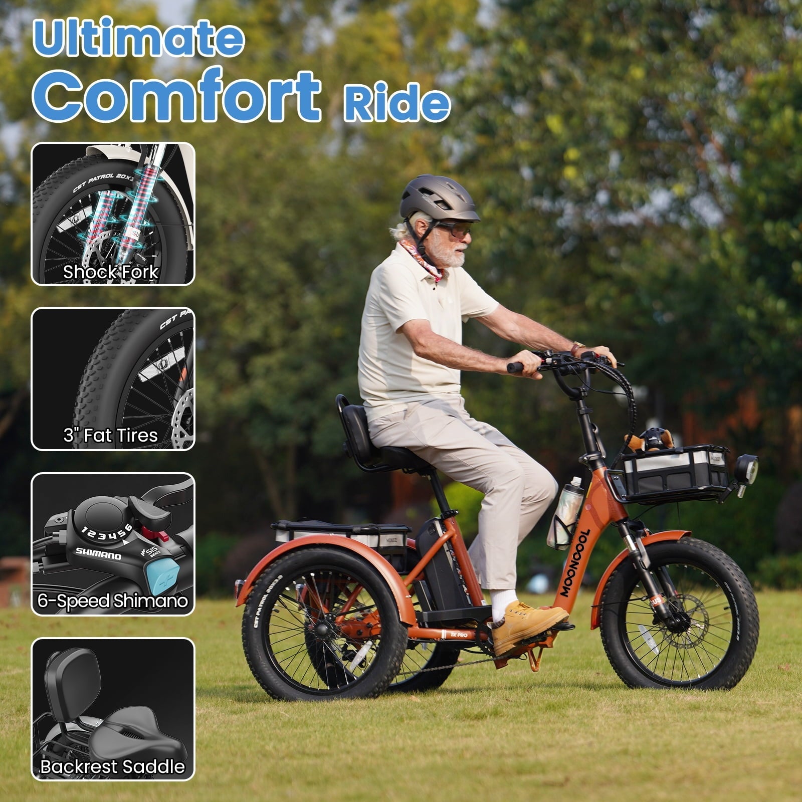 MOONCOOL TK Pro Foldable Electric Tricycle W/ Rearview mirror accessory Kit, 1500W Motor 48V 20Ah Battery, 20 Fat Tire Three Wheel 6-Speed Electric Mountain Bicycle for Adults
