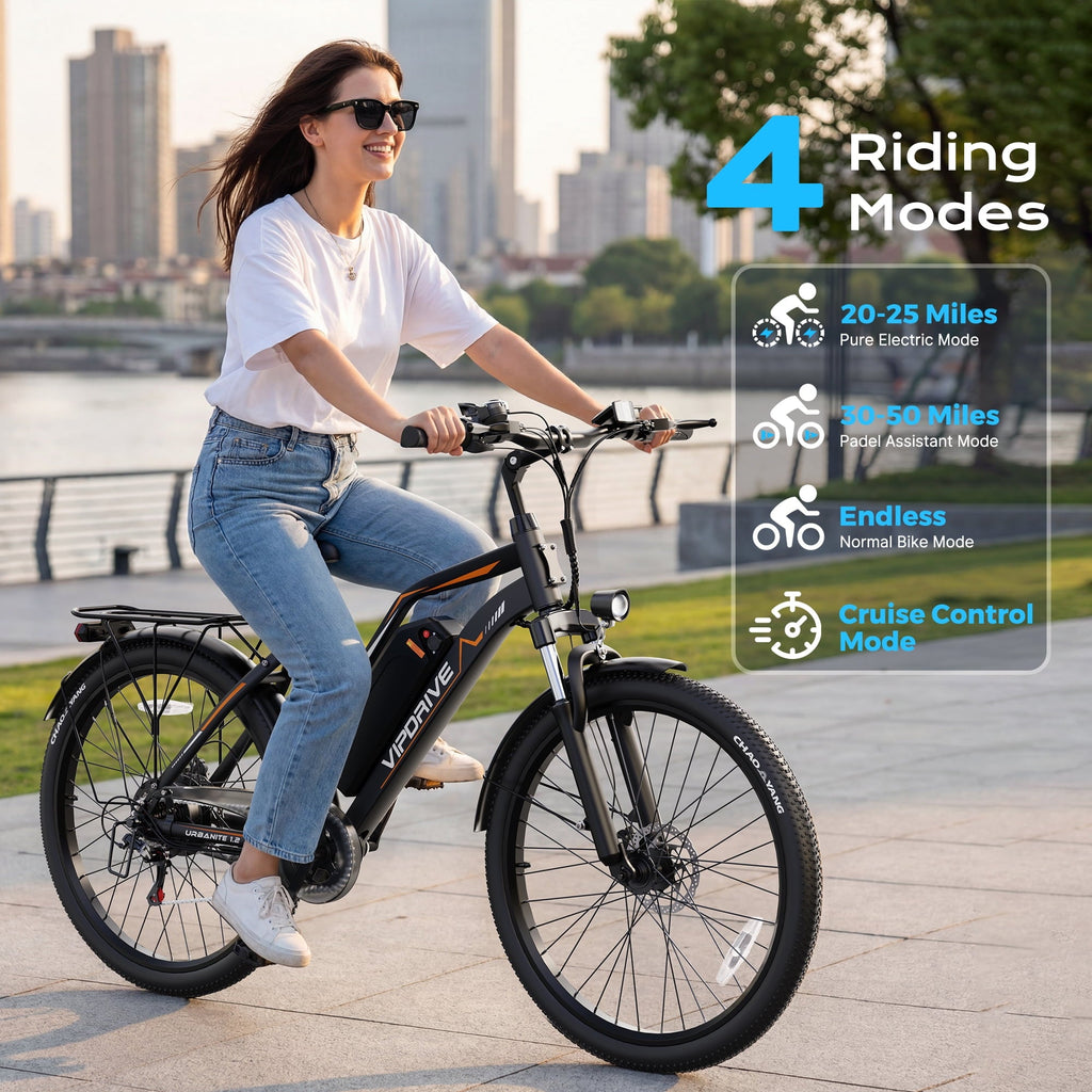 VIPDRIVE 26 Electric Bicycle for Adults & Women, Peak 750W Motor E-Bikes, 48V 7.8Ah Battery, 7-Speed, City Cruiser E-Bike, LCD Display, 50 Mi Range（UL2849）