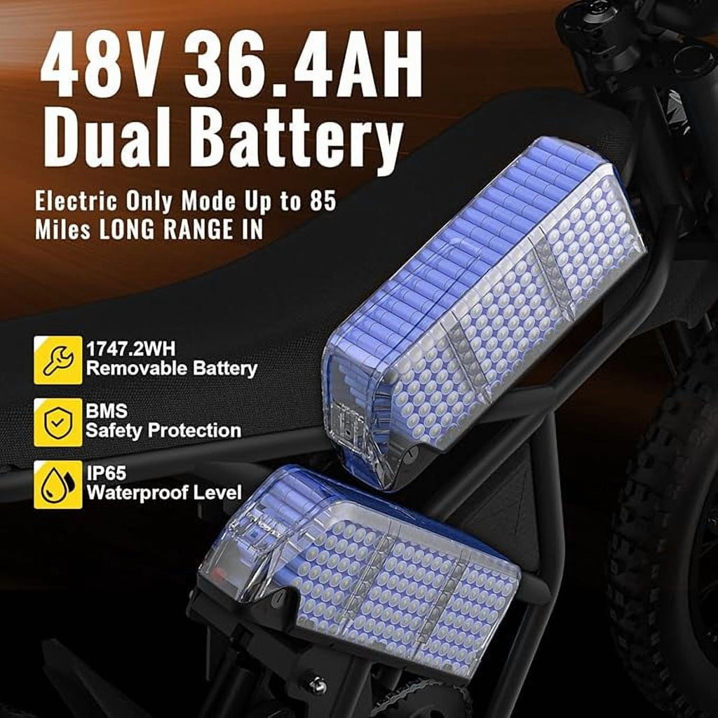 Riding'Times GT73 Electric Dirt Bike for Adults 2400W 48V 37MPH 36.4AH Dual Battery 85 Miles Range 25 Tires UL2849 Full Suspension