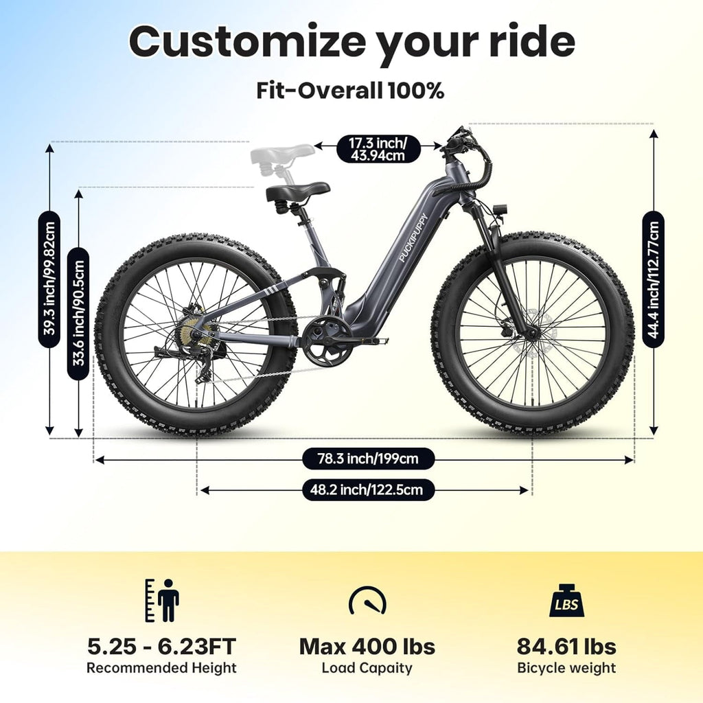 PUCKIPUPPY 26 Electric Bikes for Adults 960W Peak Step Through E-Bikes up to 80Miles Range 48V 20AH Battery Full Suspension Ebike 28 mph Max Speed Fat Tire E-Mountain Bike 7 Speed, UL2849 by SGS