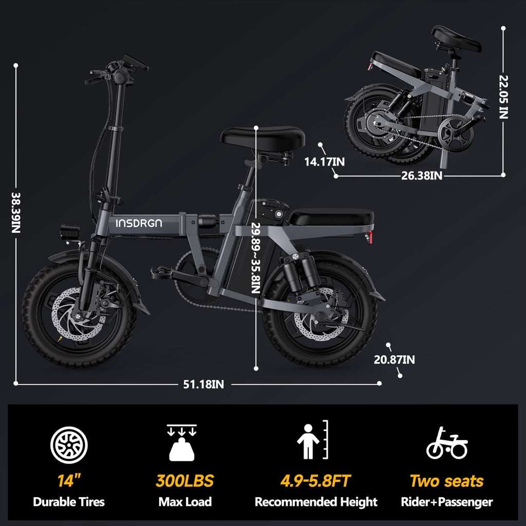 INSDRGN Folding Electric Bike for Adults Teens, 650W Peak Motor, 10.4AH 48V Battery 14 Electric Bicycles, 28 Miles Range, Mini Ebike for City Commuter, UL2849, Gray