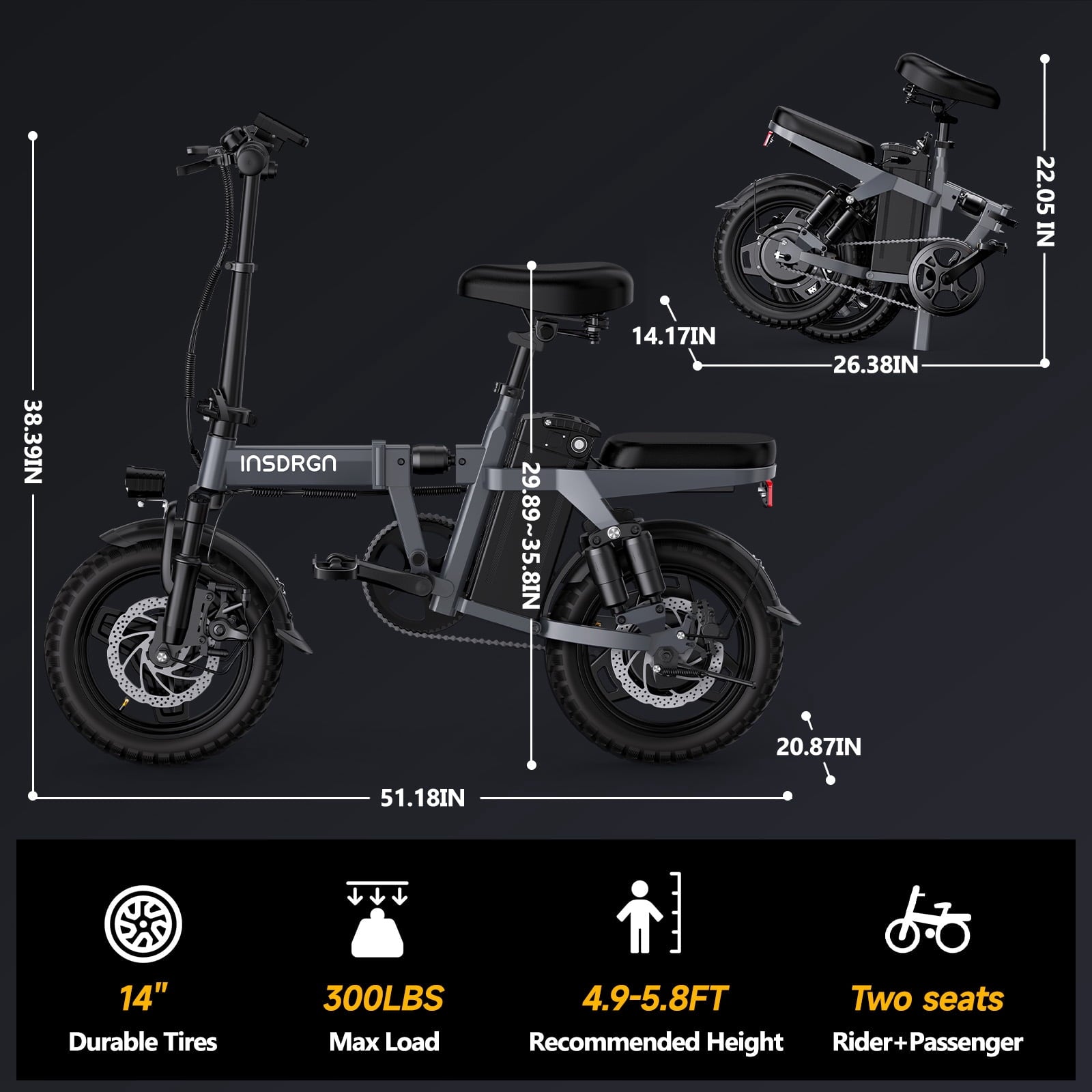INSDRGN Folding Electric Bike for Adults Teens, 650W Peak Motor, 10.4AH 48V Battery 14 Electric Bicycles, 28 Miles Range, Mini Ebike for City Commuter, UL2849, Gray