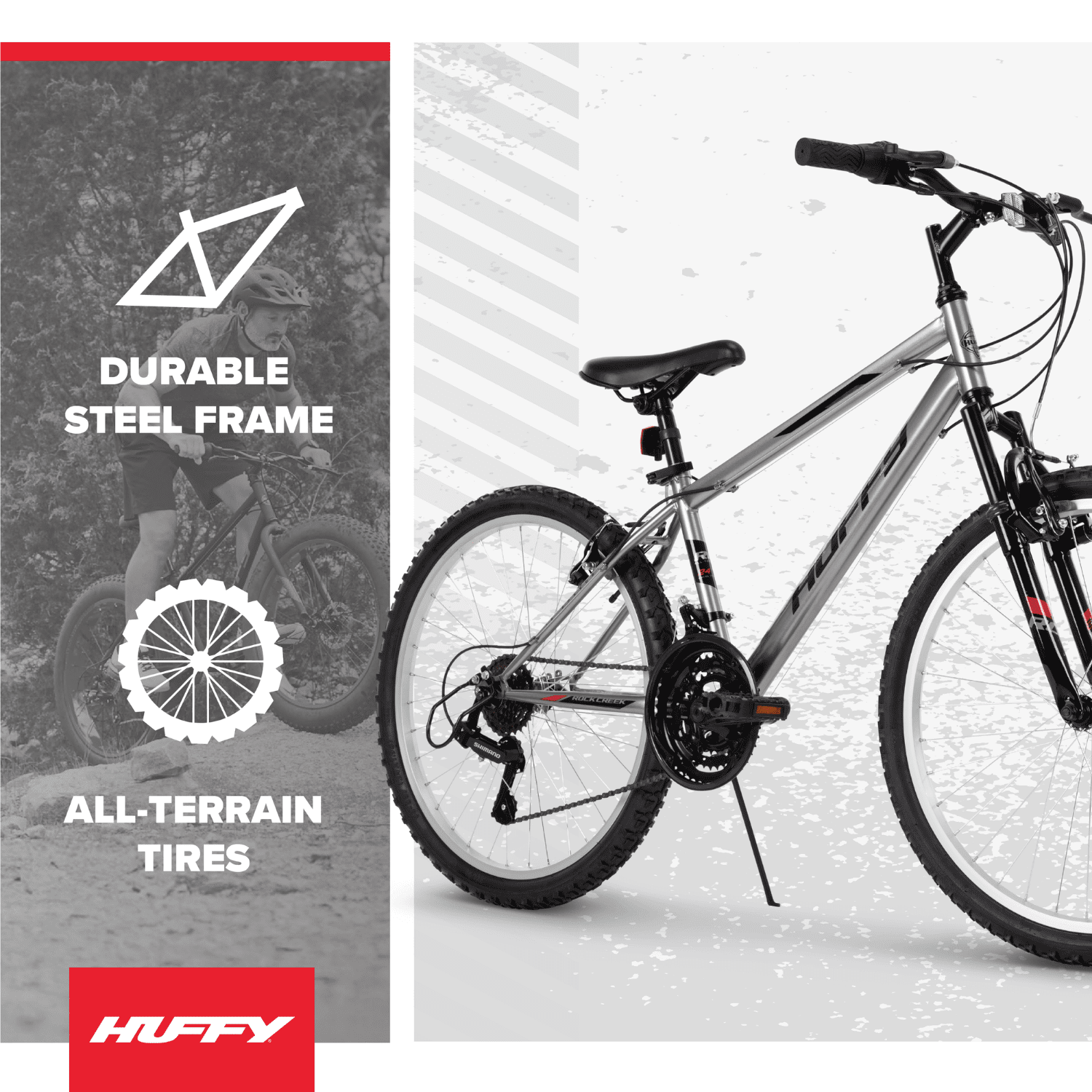 Huffy 24” Rock Creek Mountain Bike, Fits Riders 58” - 70”, Gray, Youth, Boy's