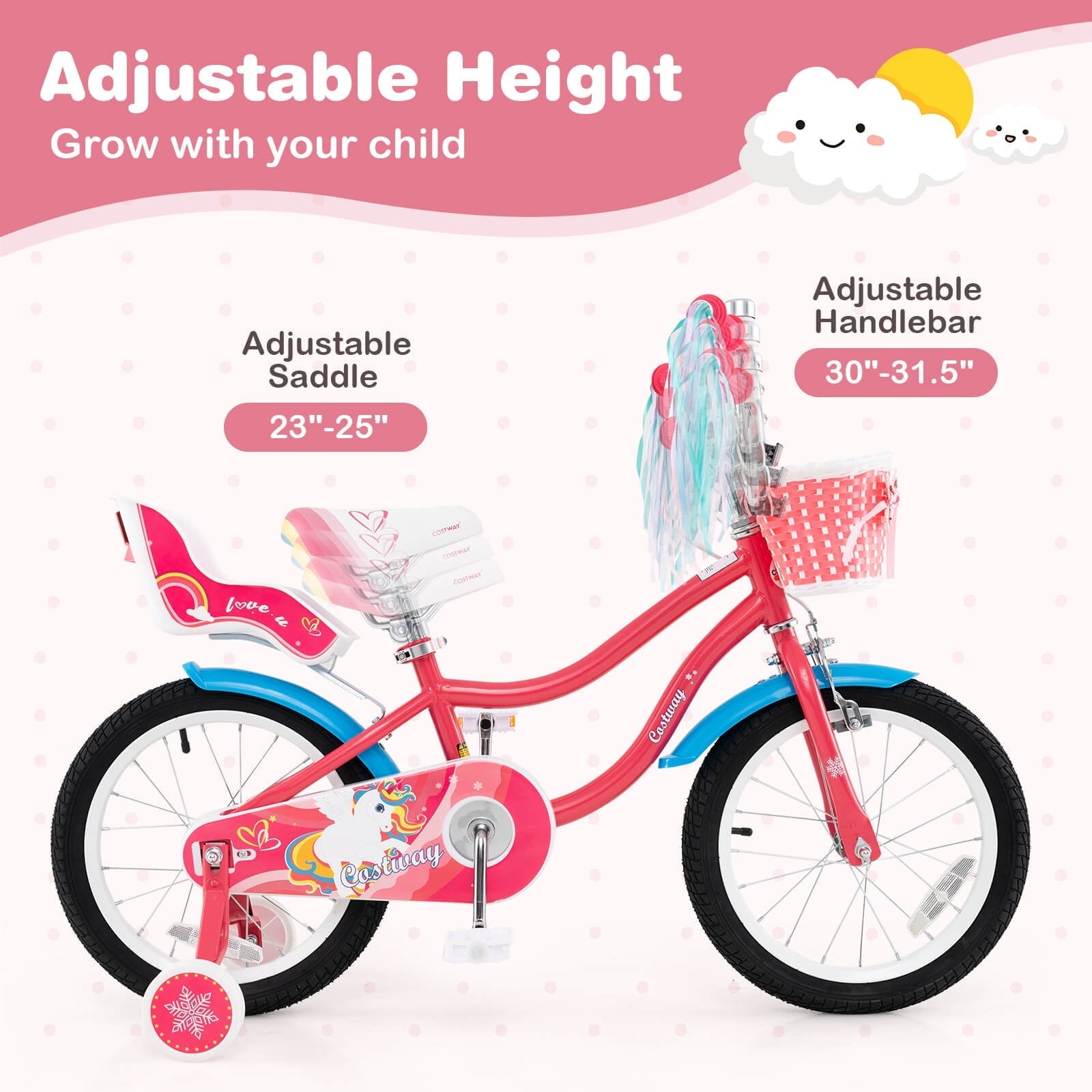 Costway 18 Inches Kids Bicycle with Training Wheels & Basket for Girls Age 4-8 Years Pink