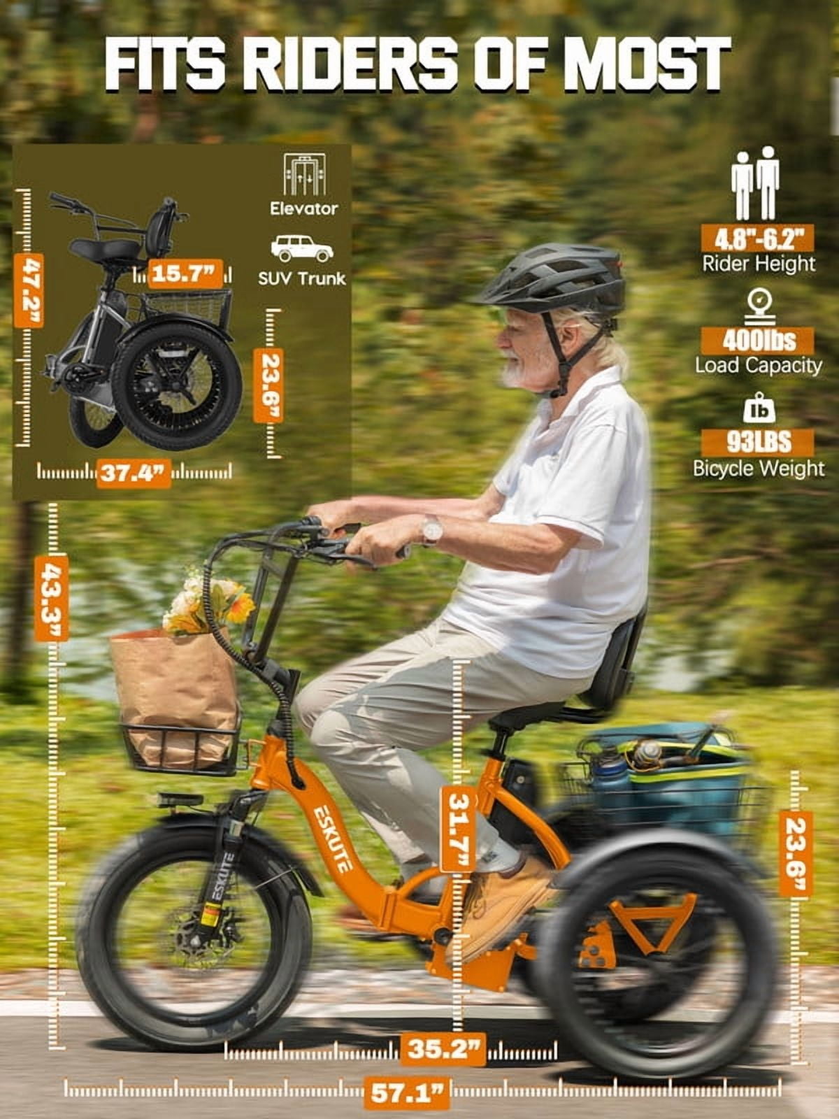 ESKUTE Electric Tricycle for Adults, 1200W Peak Motor, Up to 55 Miles Range, 624Wh Removable Battery, Folding 3-Wheel Ebike with 18x3.0 Fat Tires, Step-Through Red, UL2849