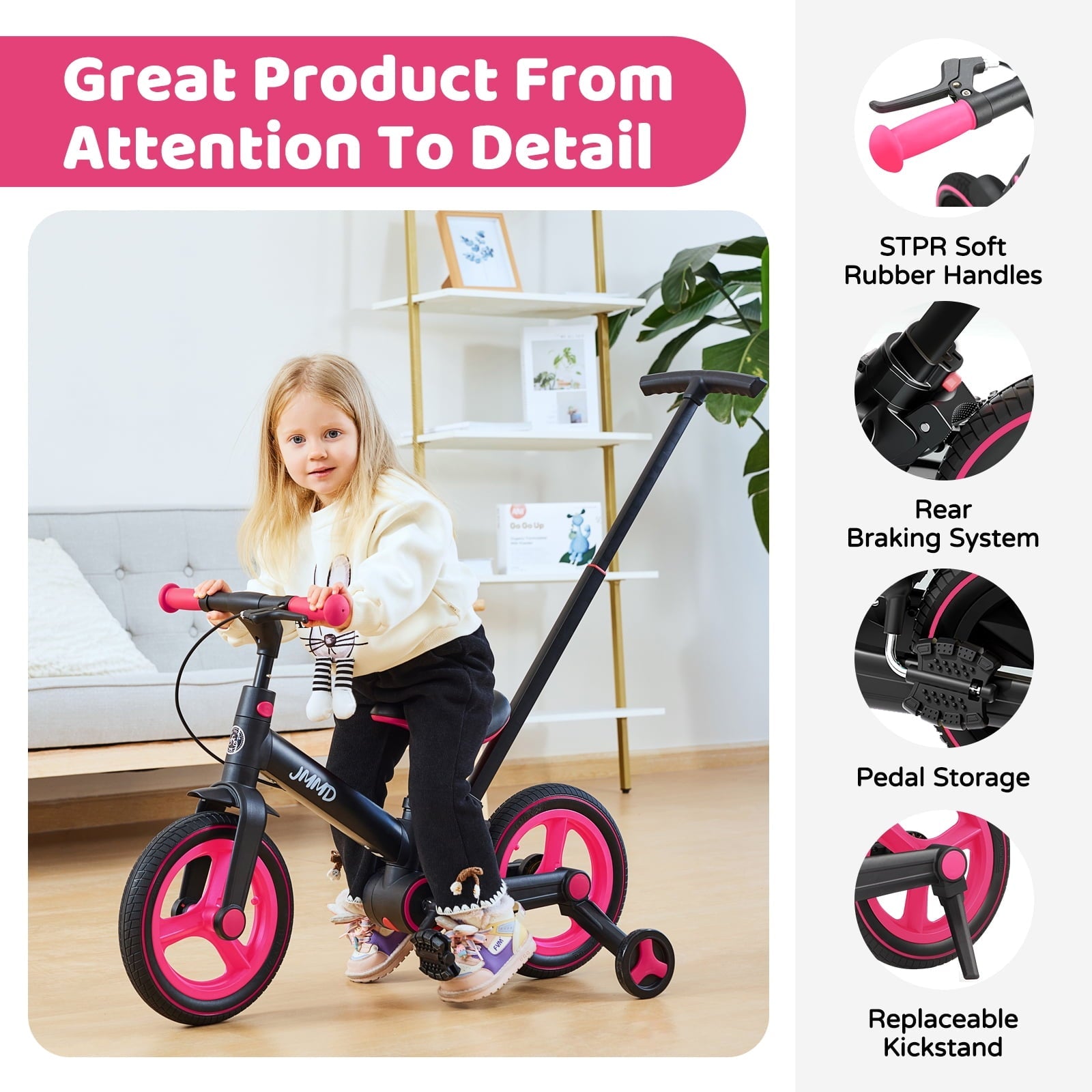 JMMD Toddler Bike with Push Handle for Kid 18-60 Months, 6 in 1 Foldable Tricycle with Training Wheel, Pedals, Kid Balance Bike for Boy & Girl, Black