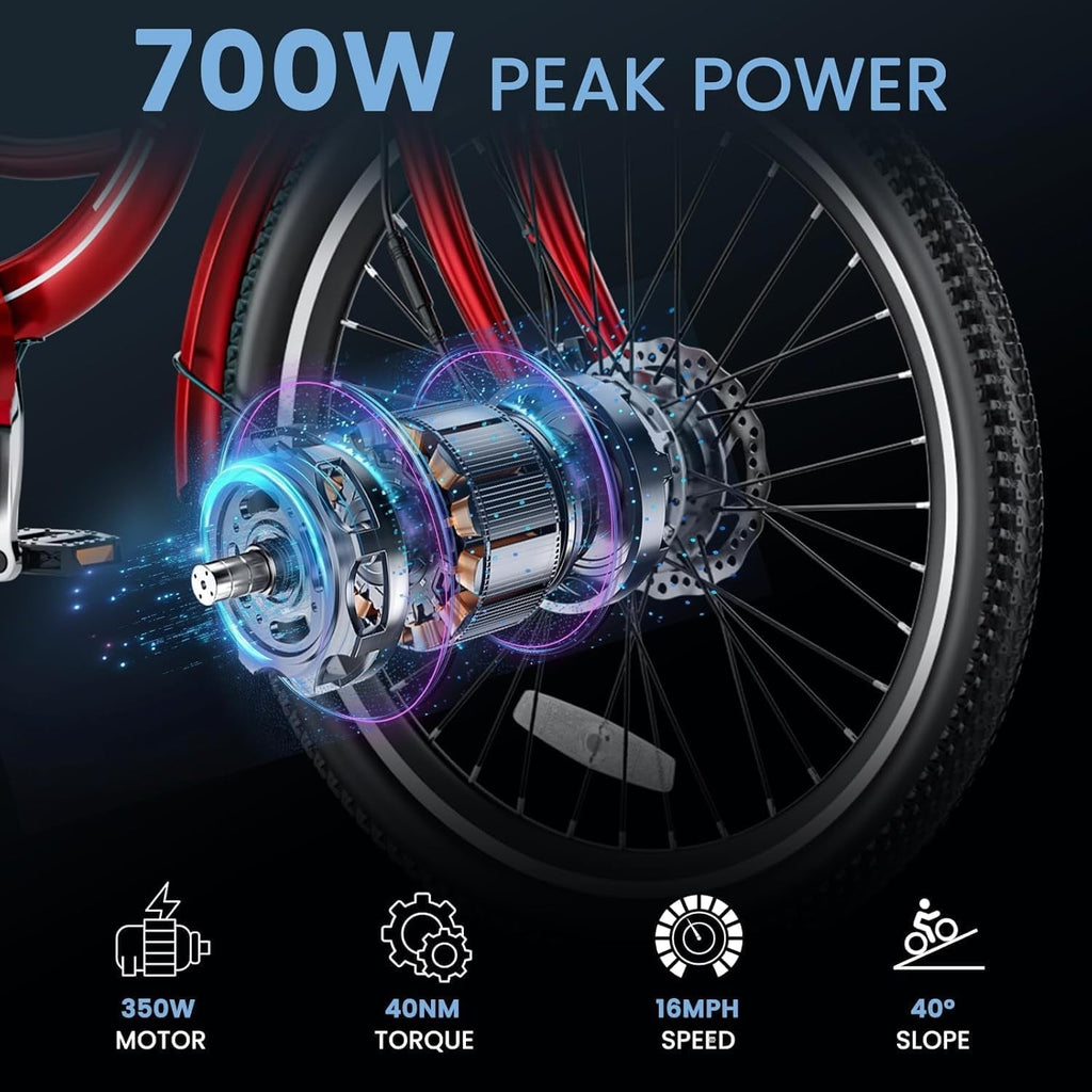 MOONCOOL Electric Trike for Adults w/ Rearview Mirror kit, 700W Peak Motor 10.4Ah battery .24/26 7 Speeds 3 Wheels Low Step Through Unisex Electric Trikes .35-60Miles