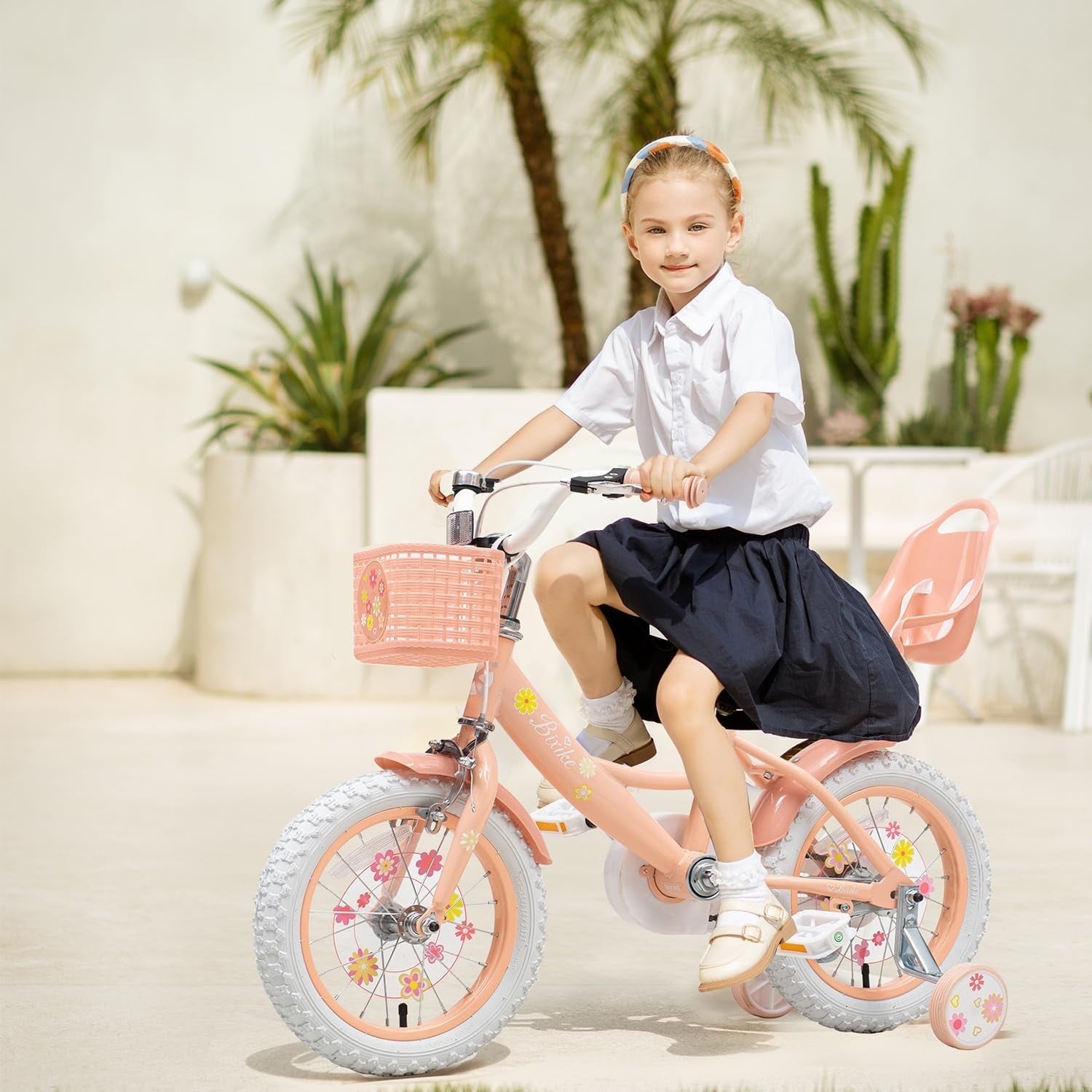 ACEGER 14 Inch Girls Bike with Basket, Training Wheels, Doll Seat, Purple Kids Bicycle for Ages 3-5