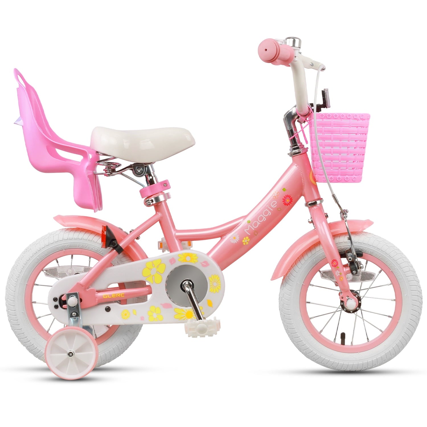 Glerc Maggie 14 inch Kids Girls Bike for Ages 3-5 Years Old Children, Princess Style Kids Bicycle with Doll-Seat & Basket & Training Wheels, Pink
