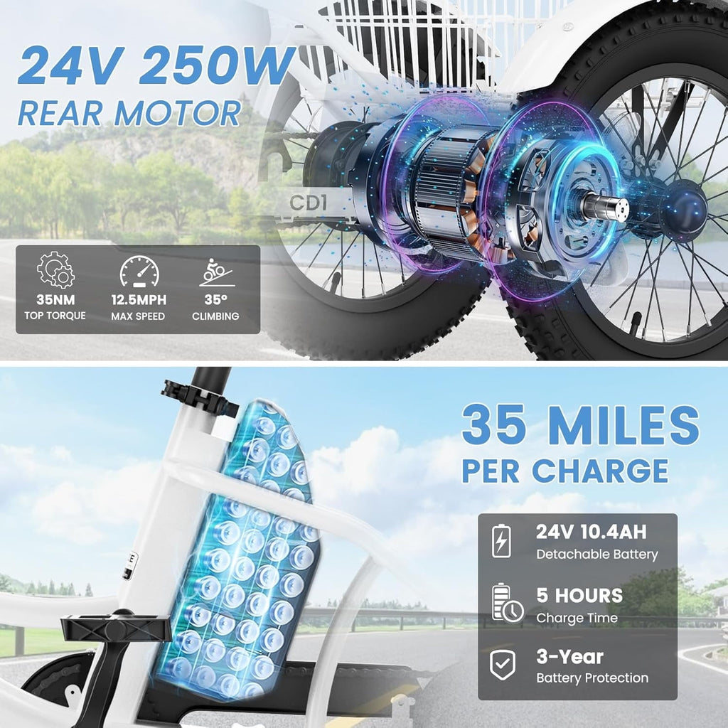 MOONCOOL Electric Tricycle for Kids ,16x3 3 Wheel 250W 10.4Ah Etrike W/ LED headlight & Rear Basket & horn bell & DIY stickers .6/9/12.5 MPH