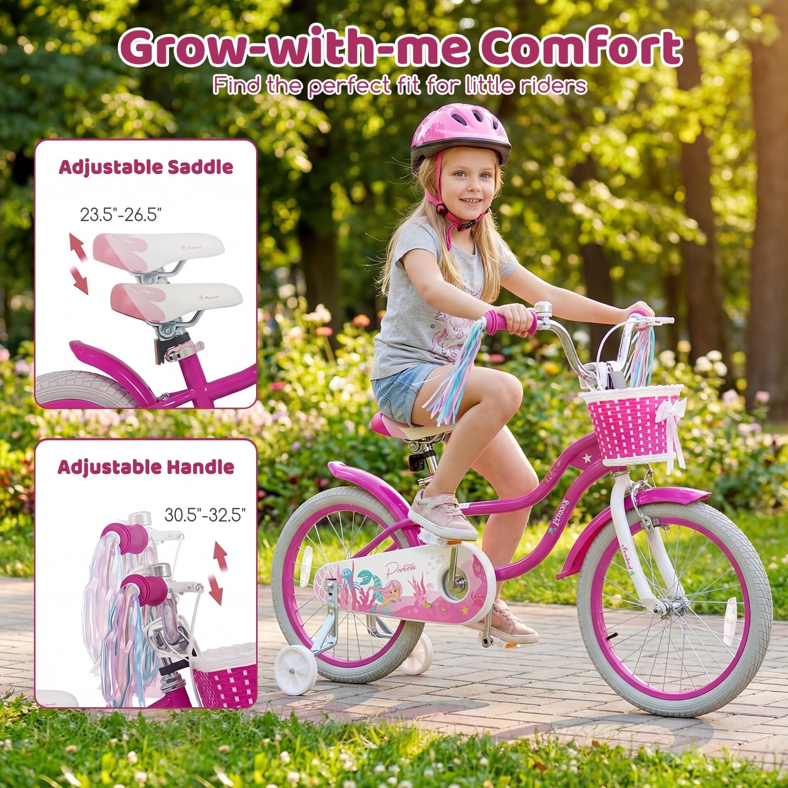 Costway 14 Kids Bike with Training Wheels Hand Coaster Brakes Adjustable Seat Handlebar Pink