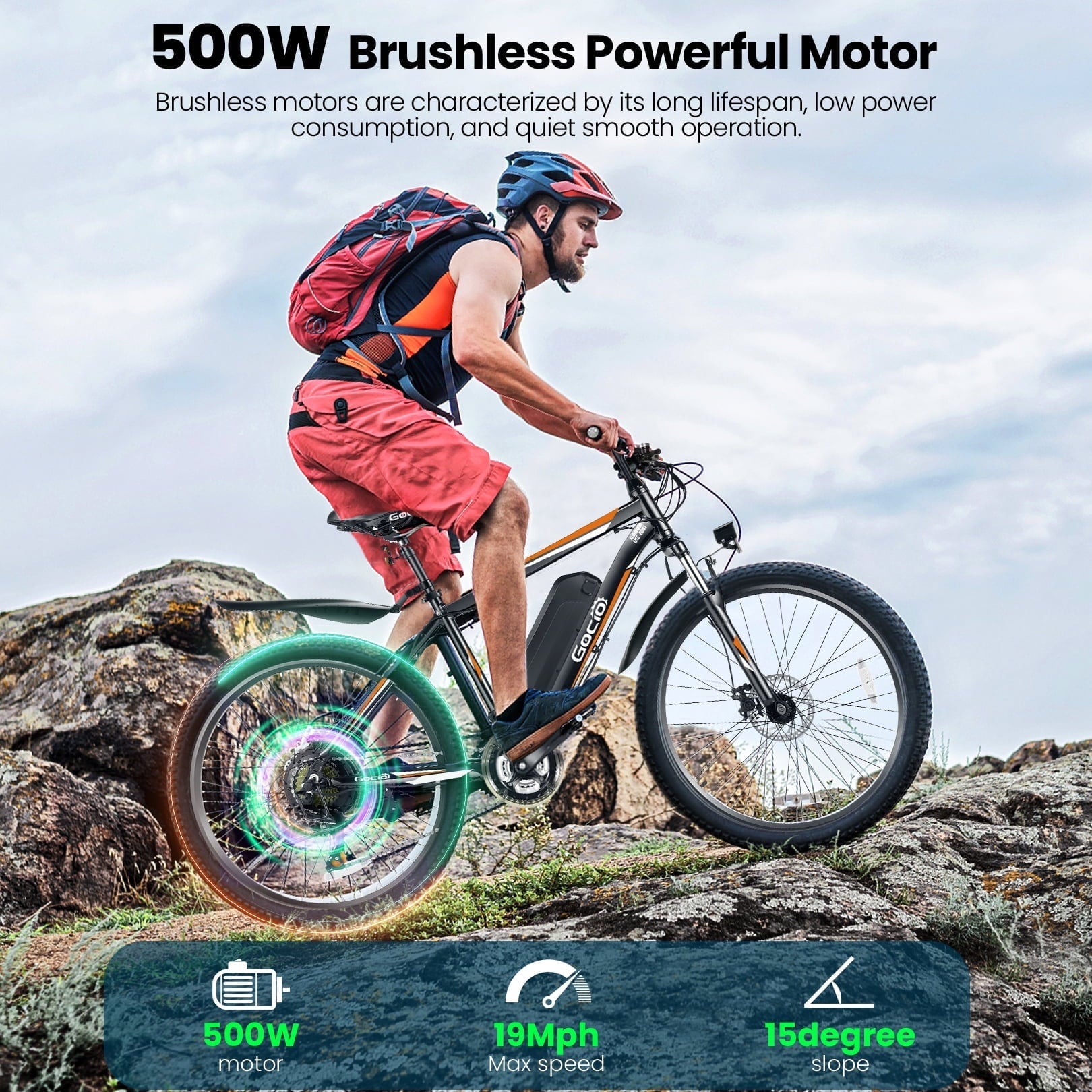 Gocio Peak 750W Electric Bike 26 Electric Bicycle for Adults Max 19.8mph Cruise Control System Ebike, 48V 375Wh Mountain Bike, 21 Speed for Man Woman UL2849 Certified