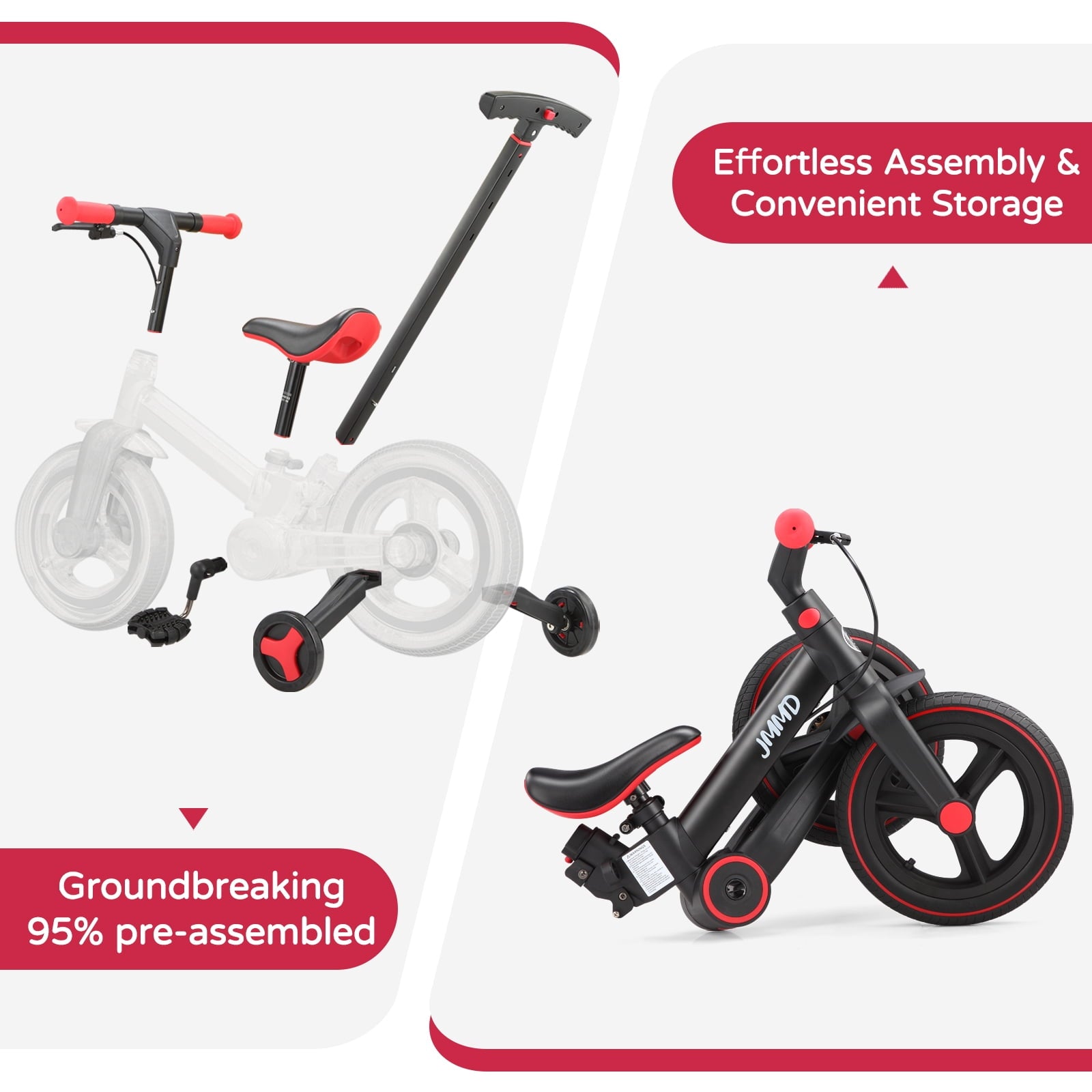 JMMD Toddler Bike with Push Handle for Kid 18-60 Months, 6 in 1 Foldable Tricycle with Training Wheel, Pedals, Kid Balance Bike for Boy & Girl, Black