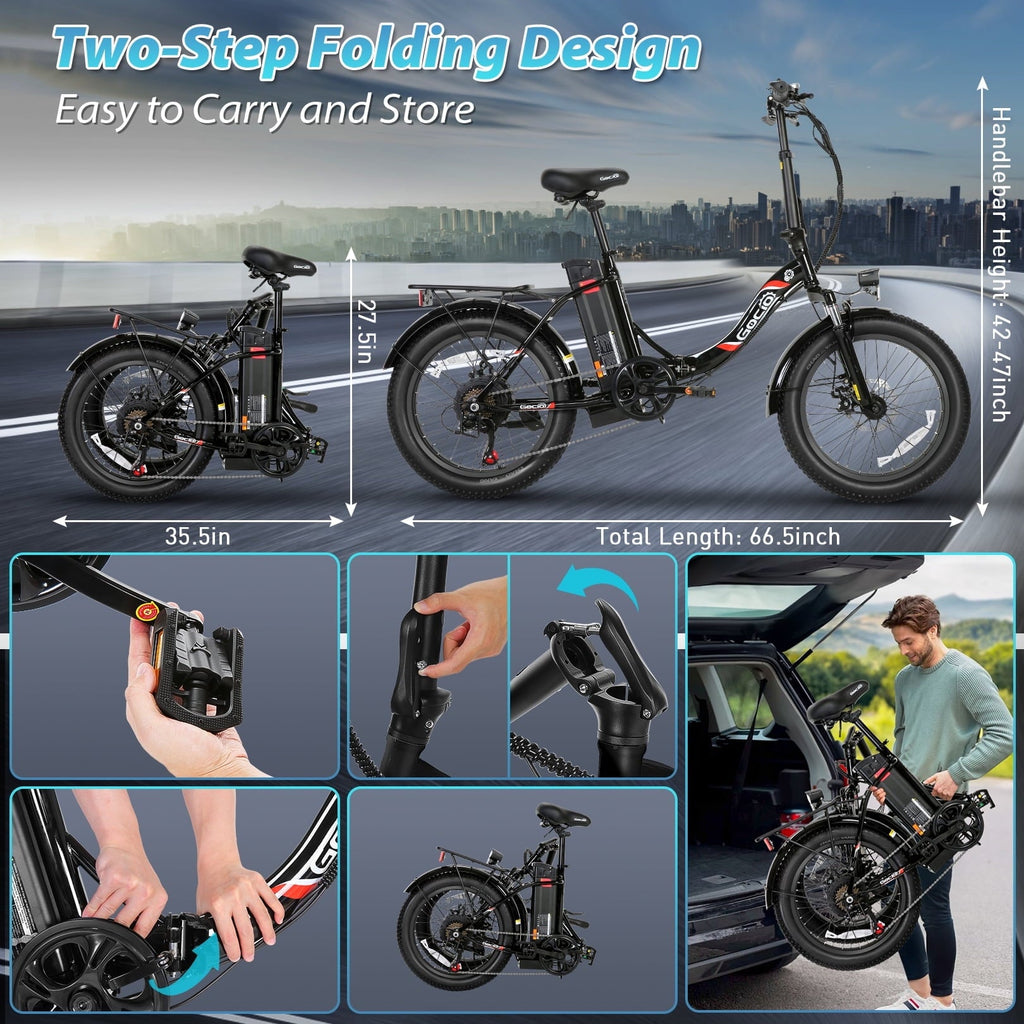 Gocio 20 Folding Electric Bike for Adults, 750W Peak Motor Fat Tire Commuter Ebike, 48V 10.4Ah Battery, 7 Speed, UL2849