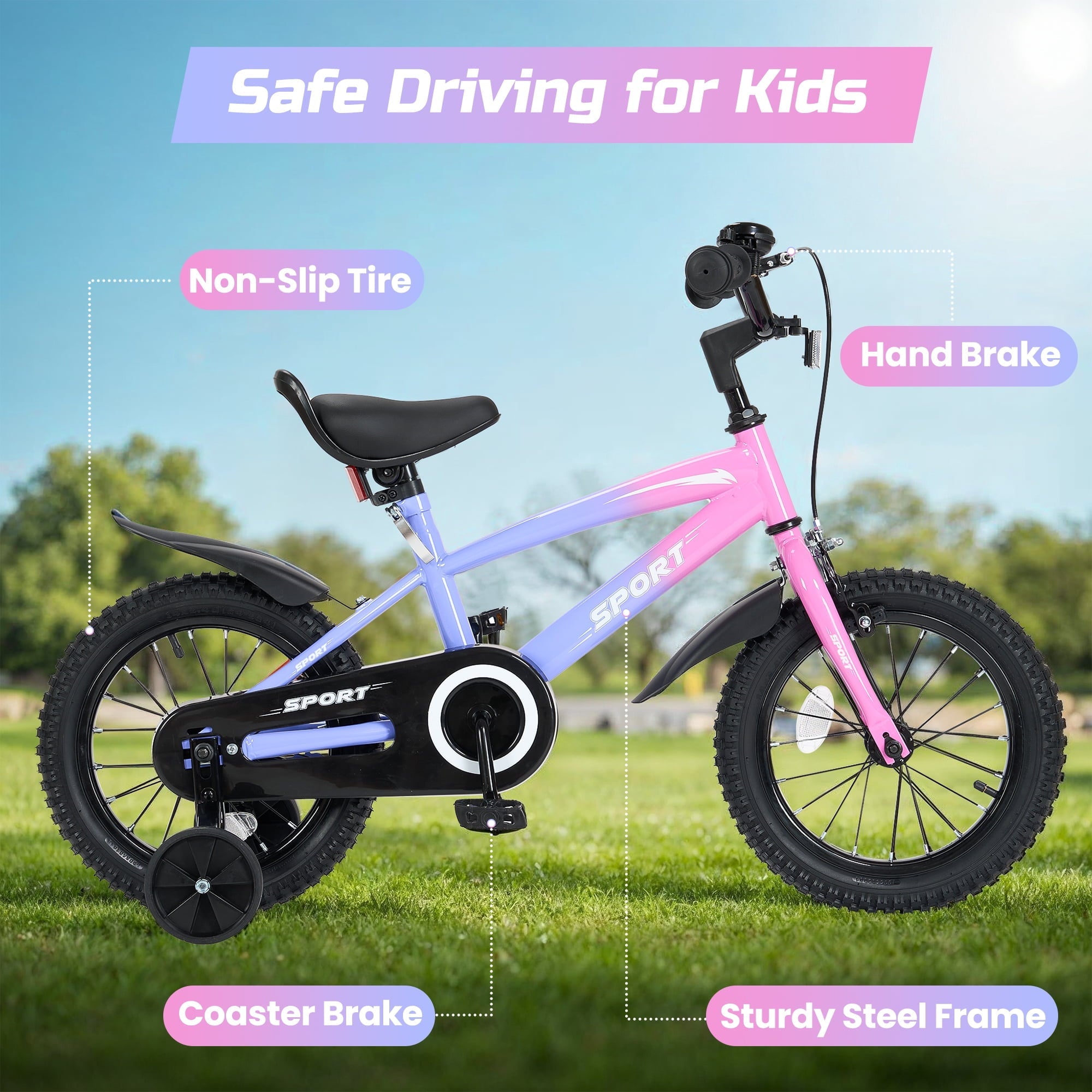 Naipo 12 in Kid Bike for Boys and Girls Gradient Purple Bicycle with Training Wheels Bell and Dual Brakes