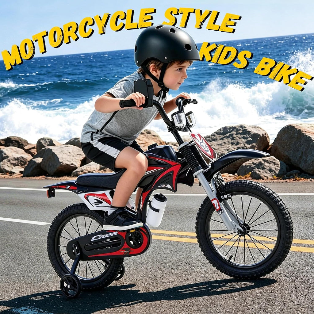NEORIVER 16 Inch Motocross Style Kids Bike – Training Wheels, Sound Horn, Number Plate & Dashboard Included – Easy Assembly – Ages 3-12 Boys Girls