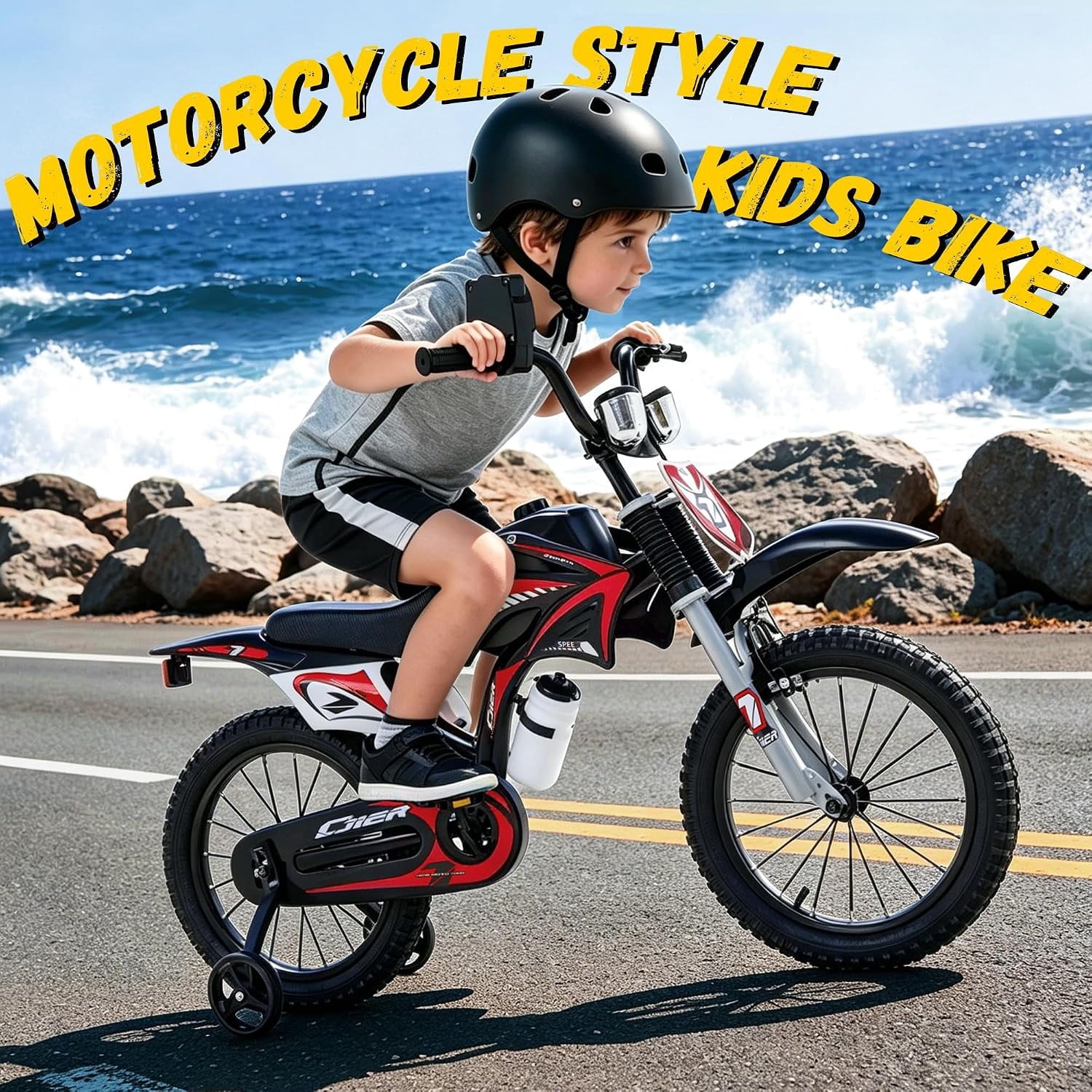 NEORIVER 16 Inch Motocross Style Kids Bike – Training Wheels, Sound Horn, Number Plate & Dashboard Included – Easy Assembly – Ages 3-12 Boys Girls