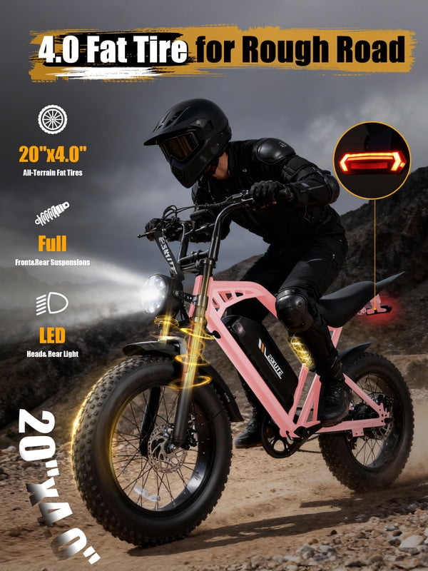 ESKUTE Electric Bike for Adults & Teens, 29MPH, 80 Miles Range, 48V 20.8Ah Battery, 20 x 4.0 Fat Tire, Dual Suspension, 7-Speed Off-Road Ebike Orange, UL2849