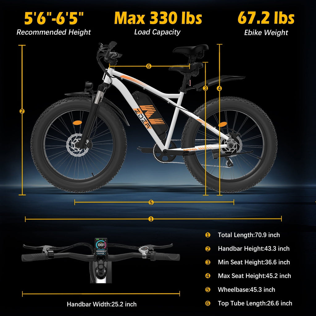 ZDZA Electric Bike for Adults, Peak 1500W Motor E-Mountain Bicycle, 26 Fat Tire 28mph Ebike, 48V 15Ah Removable, Dual Suspension with Shelf UL2849, Black