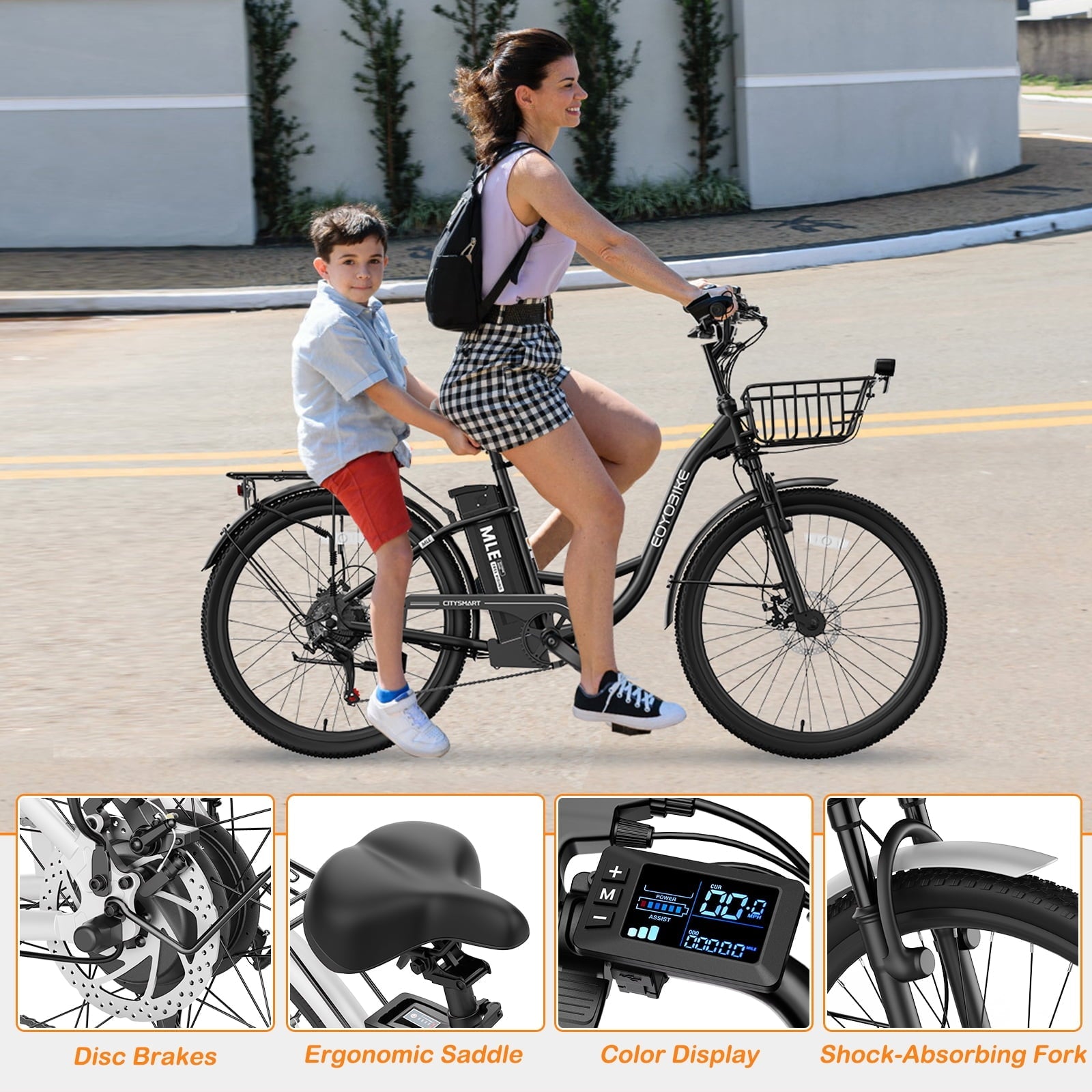 MOONCOOL Electric Bicycle for Adults 350W , 7-Speed Ebike with 36V 10.4Ah Removable Battery . 40 Miles Range , 20 mph Electric Commuter Bike for Women Men