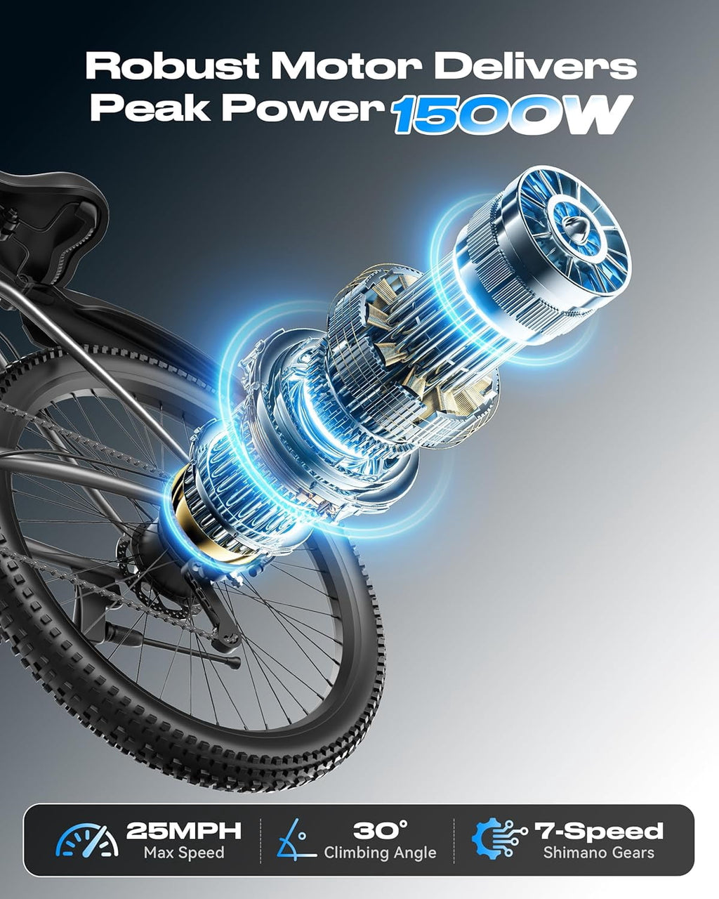 Electric Bike for Adults, 26 E Bike with 1500W Peak Motor, 25 MPH, 50+ Miles Range Electric Bicycle, UL 2849 Electric Mountain Bike