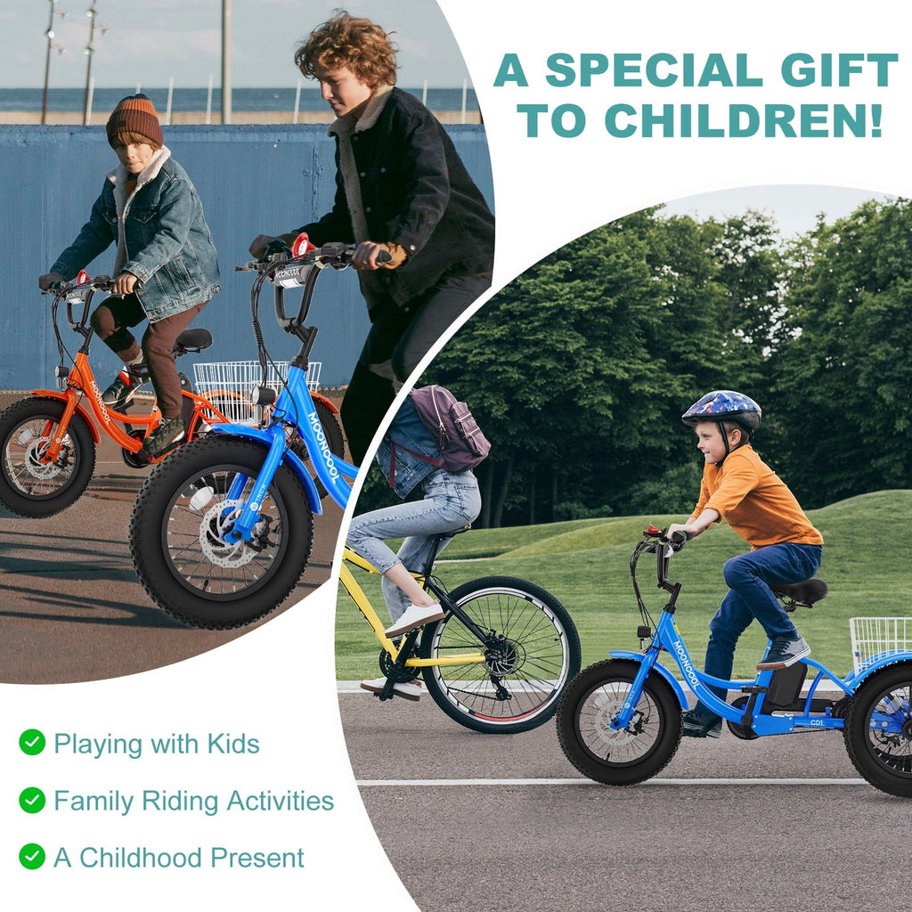 MOONCOOL Electric Tricycle for Kids ,16x3 3 Wheel 250W 10.4Ah Etrike W/ LED headlight & Rear Basket & horn bell & DIY stickers .6/9/12.5 MPH