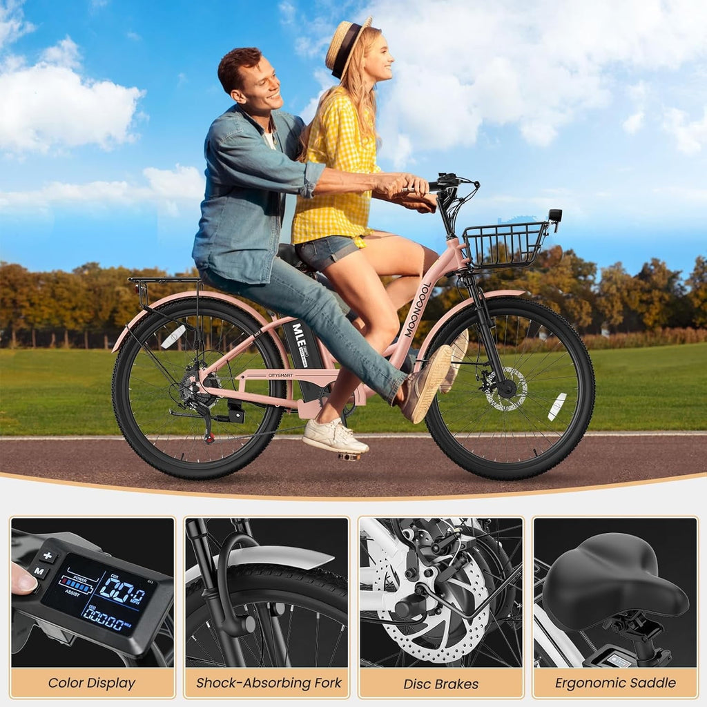 MOONCOOL Electric Bicycle for Adults 350W , 7-Speed Ebike with 36V 10.4Ah Removable Battery . 40 Miles Range , 20 mph Electric Commuter Bike for Women Men