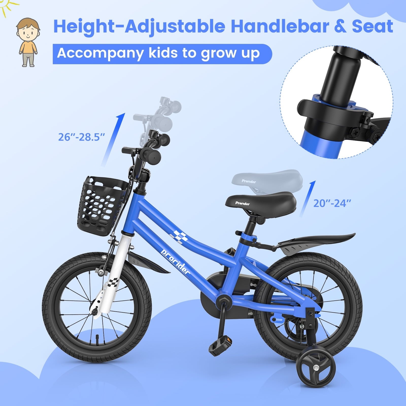 Costway 14'' Kid's Bike with Removable Training Wheels & Basket for 3-5 Years Old Blue