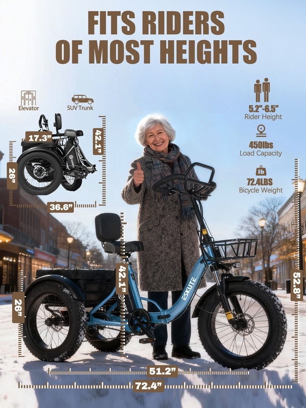 ESKUTE T300 Pro Electric Tricycle for Adults, E Trike, 1200W Peak Motor, 998.4Wh Battery, 20 x 4.0 Fat Tires, Foldable 3 Wheel Electric Bike, Stable Ride for Seniors & Parents Black, UL2849
