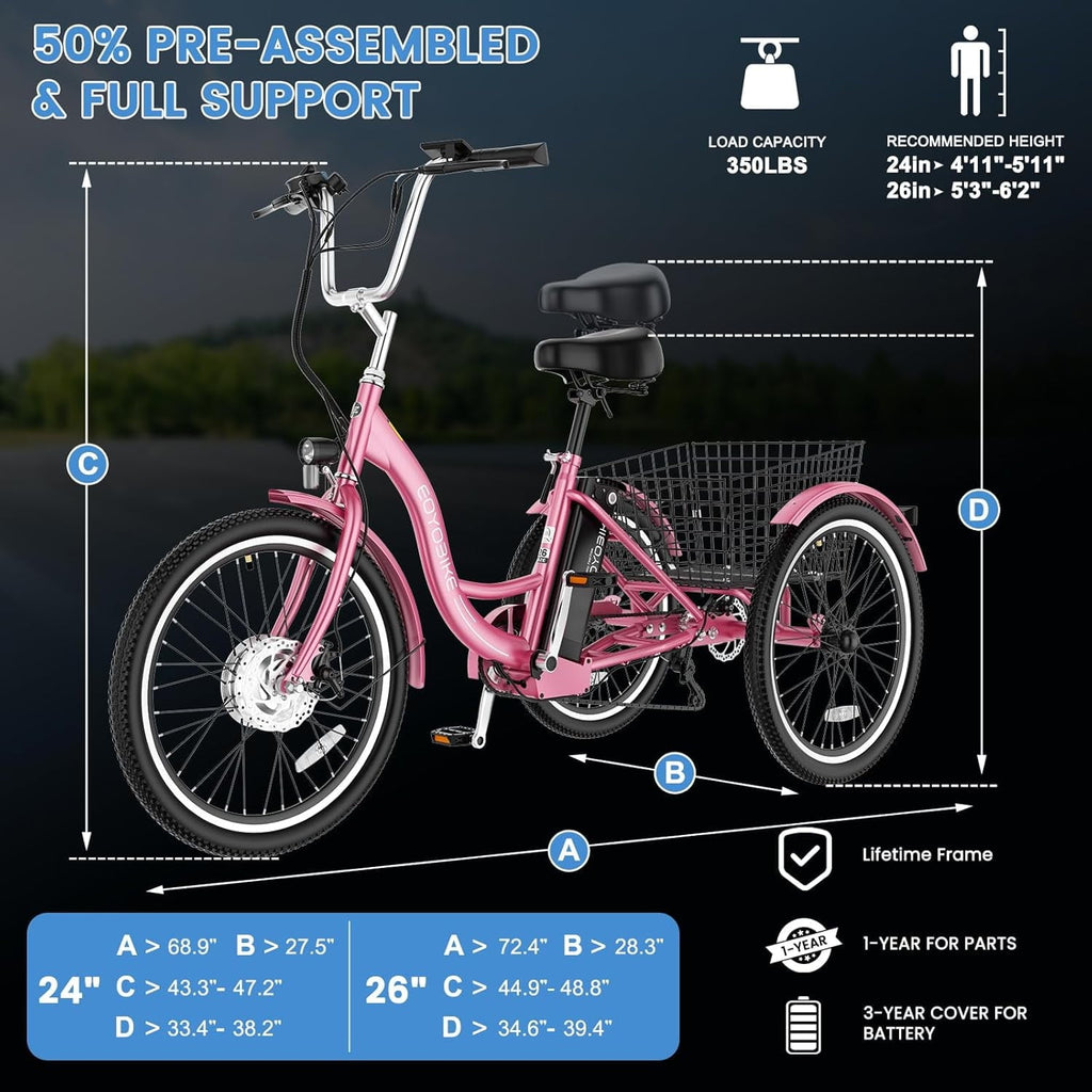 MOONCOOL Electric Trike for Adults w/ Rearview Mirror kit, 700W Peak Motor 10.4Ah battery .24/26 7 Speeds 3 Wheels Low Step Through Unisex Electric Trikes .35-60Miles