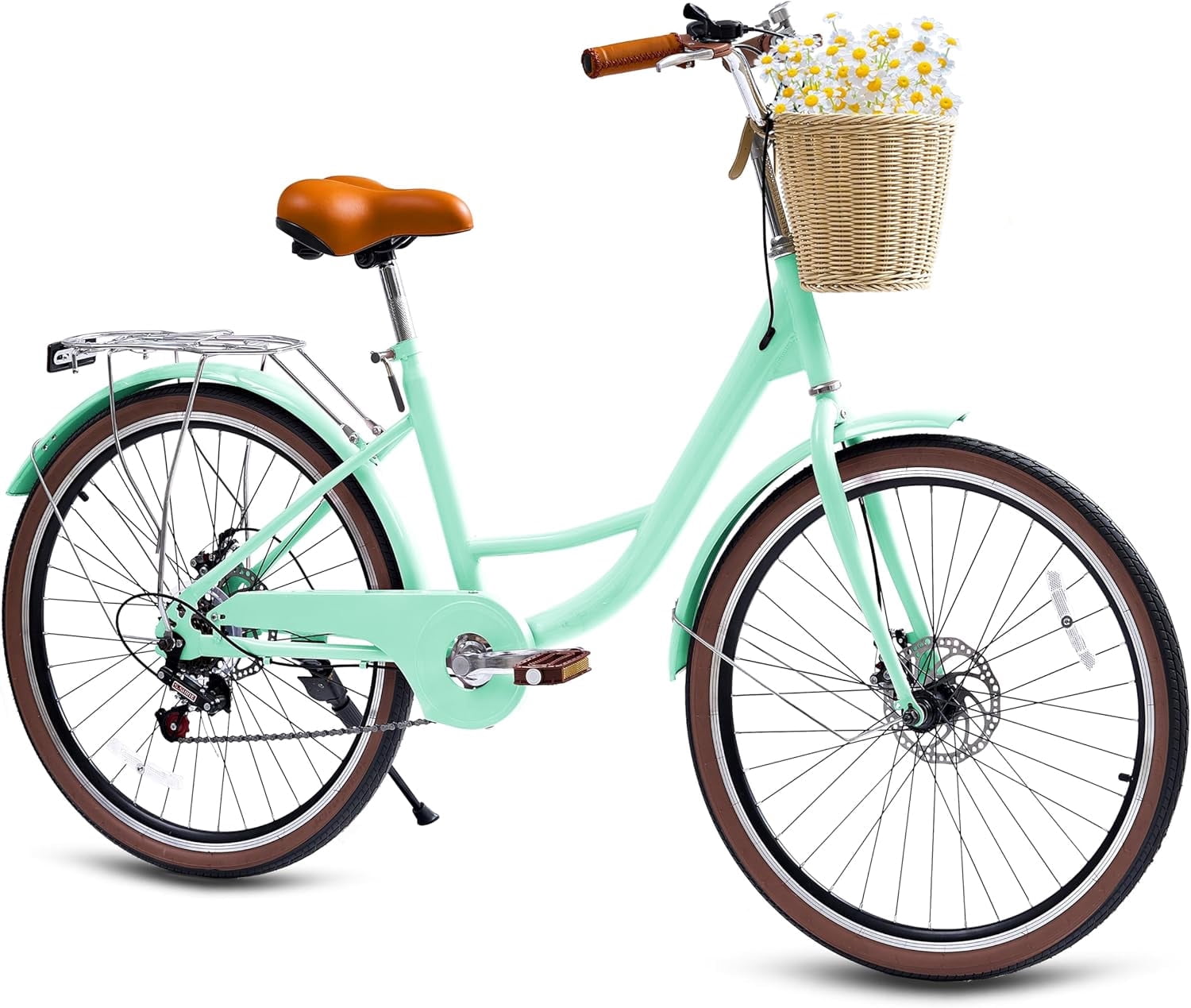 24 Beach Cruisers for Women, Pipleo Bikes for Women with Rattan Basket, 7-Speed & Step-Through Frame