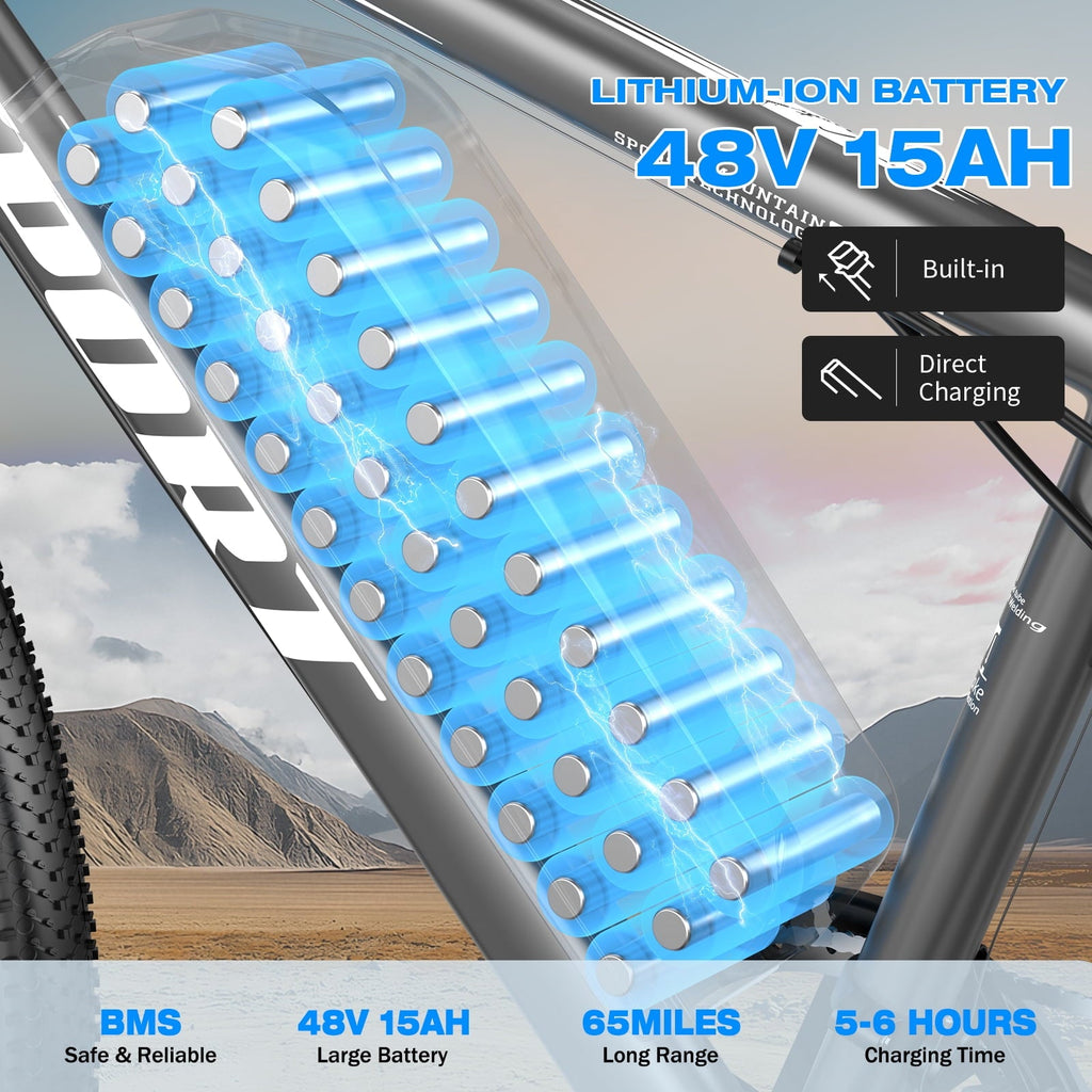 1500W Peak 750W Electric Bicycle 48V 15Ah,26'' Mountain Ebike 30MPH 65Miles Range,Removable Battery Adult Electric Bike UL2849