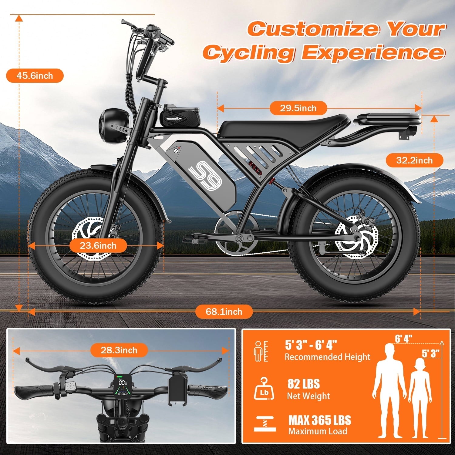 2200W Peak Electric Bike, 48V 20Ah &25MPH & 65Miles Range, 20''x4'' Fat Tire Mountain Ebike, Removable Battery, Rear Rack, Adult Electric Bicycle, UL2849