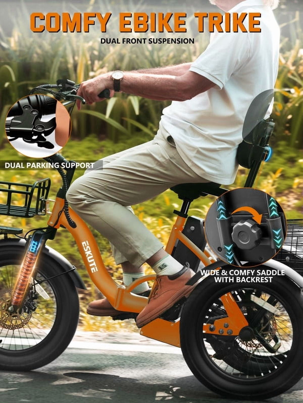 ESKUTE Electric Tricycle for Adults, 1200W Peak Motor, Up to 55 Miles Range, 624Wh Removable Battery, Folding 3-Wheel Ebike with 18x3.0 Fat Tires, Step-Through Red, UL2849