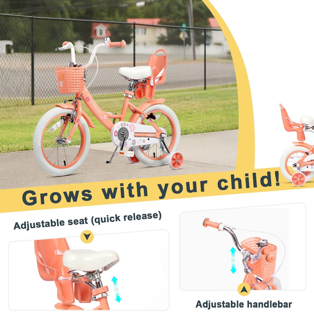Glerc Maggie 14 inch Kids Girls Bike for Ages 3-5 Years Old Children, Princess Style Kids Bicycle with Doll-Seat & Basket & Training Wheels, Pink