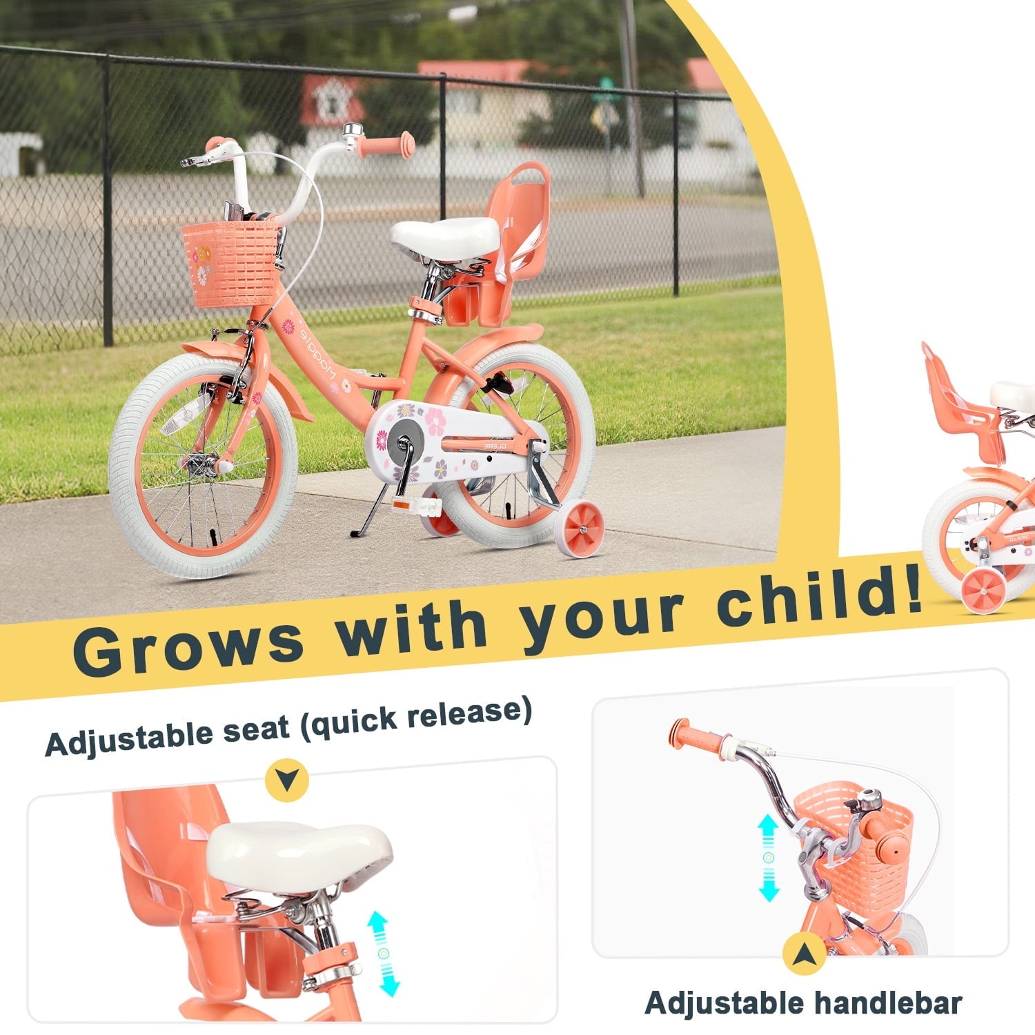 Glerc Maggie 14 inch Kids Girls Bike for Ages 3-5 Years Old Children, Princess Style Kids Bicycle with Doll-Seat & Basket & Training Wheels, Pink