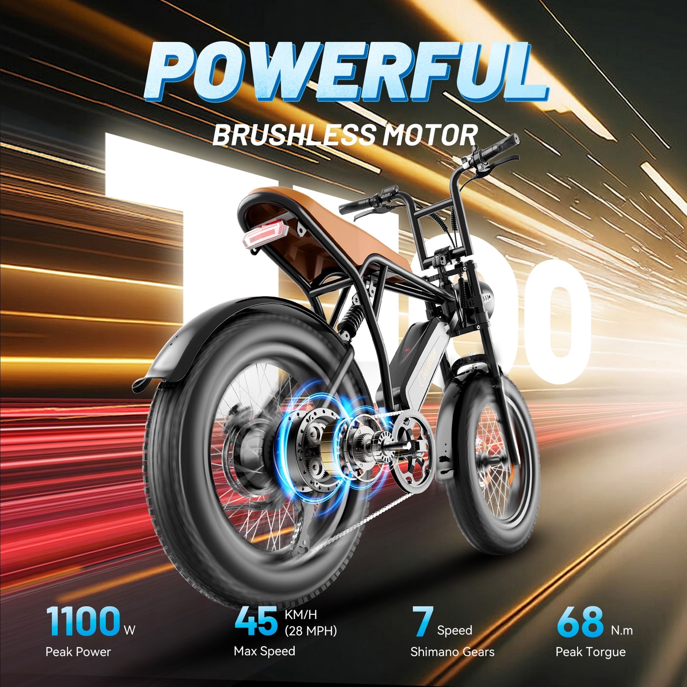 C INVERTER 20 x 4 Fat Tire Electric Bike for Adults, Peak 1100W Motor Retro Ebike Mountain Bike, 48V 14.5 Ah Removable Battery, Max Speed 28 Mph Electric Bicycle Snow Bike