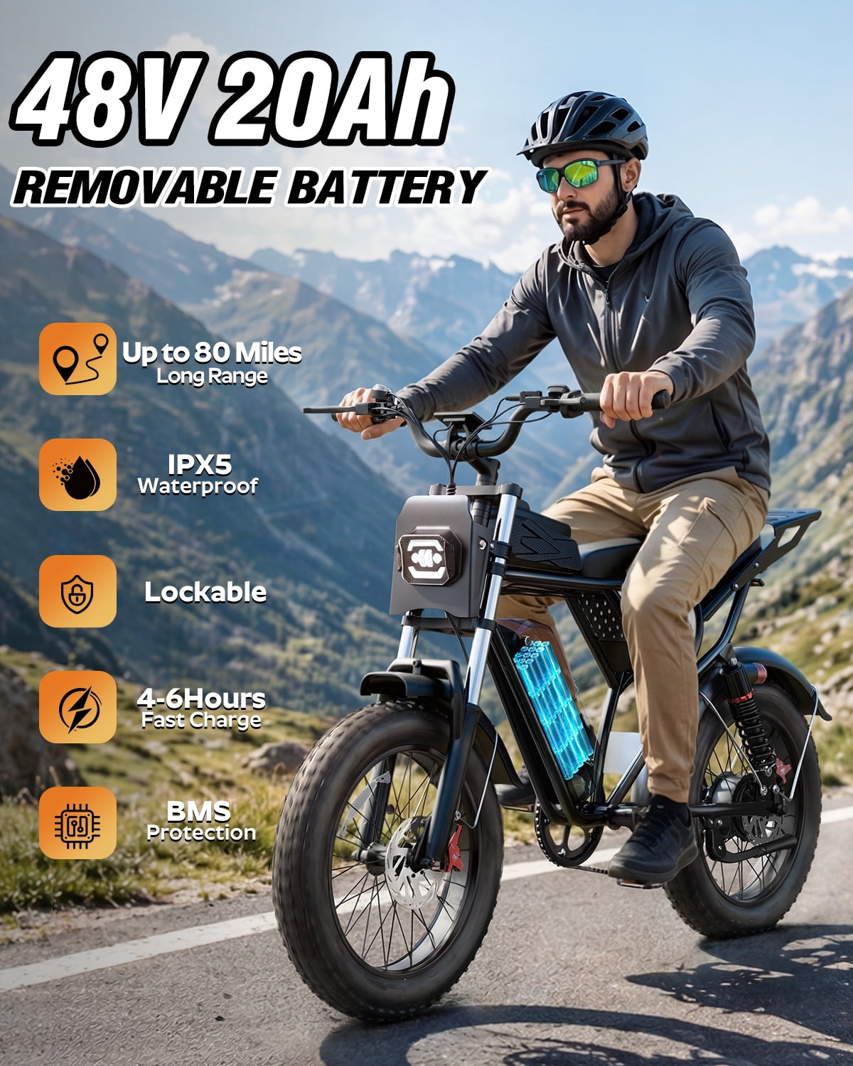 Bopzin Electric Bike for Adults, Peak 1500W App & Anti-Theft, 48V/25Ah, 20x4.0 Fat Tire Ebike, UL2849 E-Mountain Bike