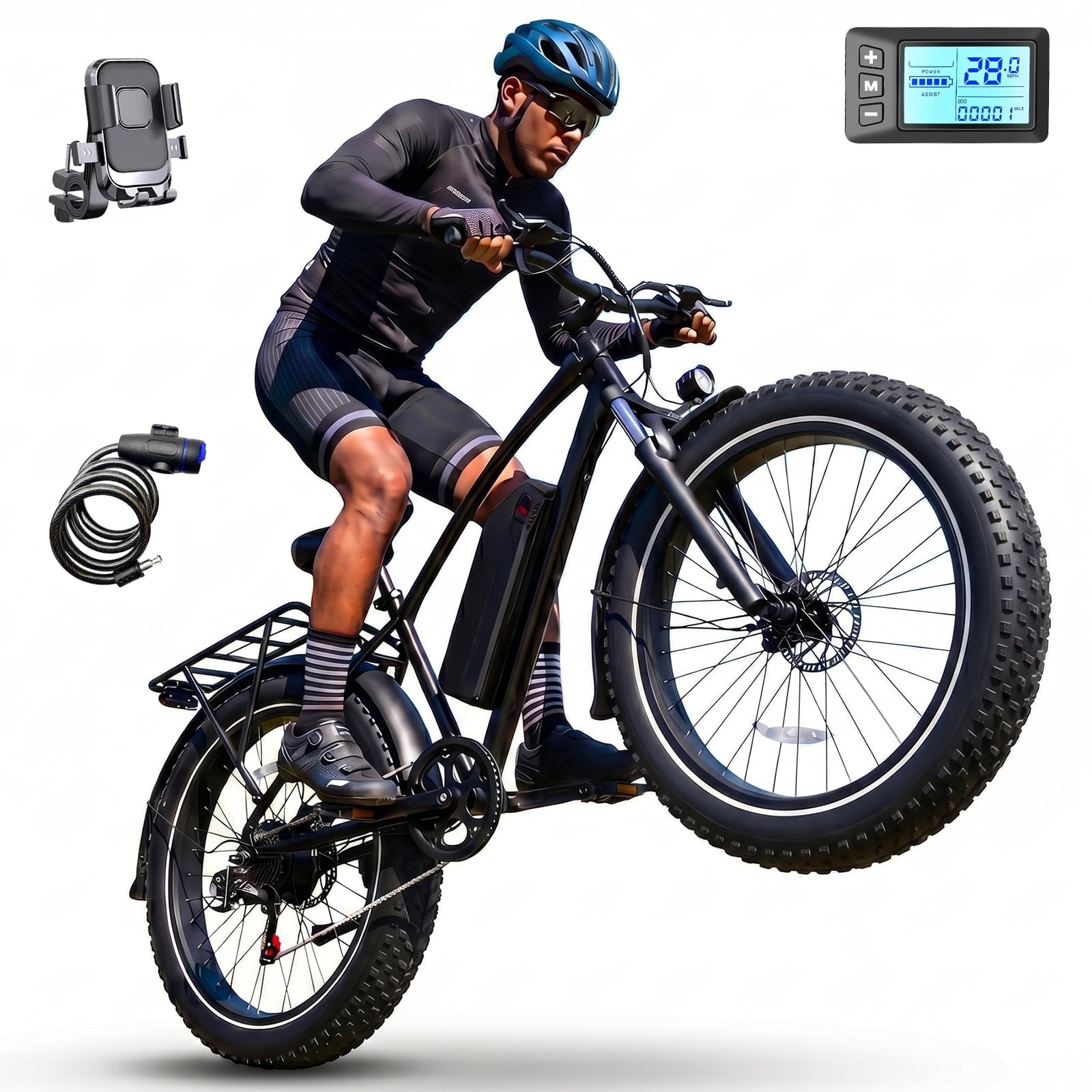 Rexei Yeki 26 Fat Tire EBike, 1200W Electric Bike for Adults, 48V 15AH Battery, 28 MPH Max Speed, 7-Speed , 500 lbs, Front Suspension, Dual Disc Brakes, LCD Display, UL2849