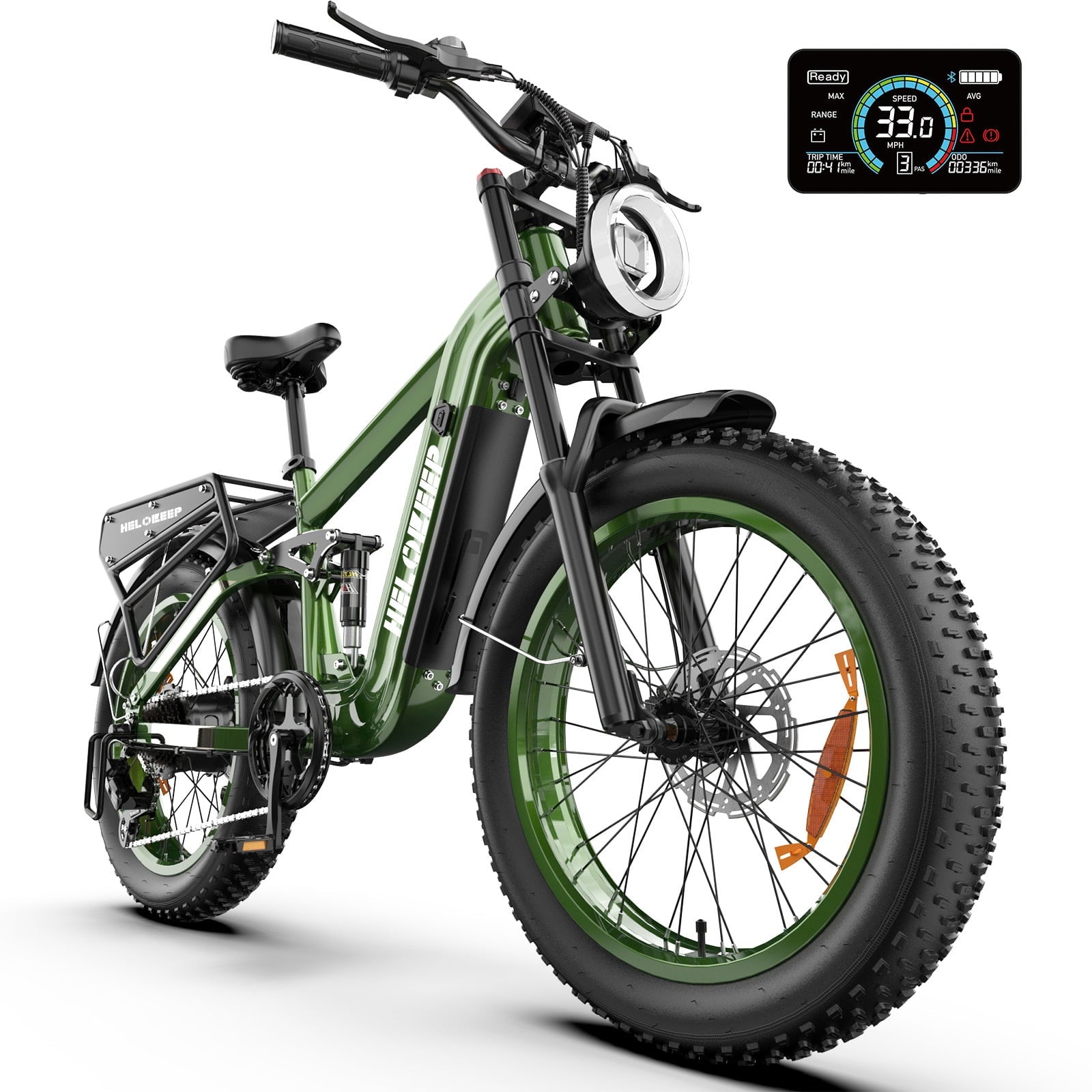 Helokeep 26 Green Fat Tire High Performance Cargo Electric Bike for Men, 4000W Peak 2000W, 40MPH, 48V 25Ah UL2849 Off-Road Ebike