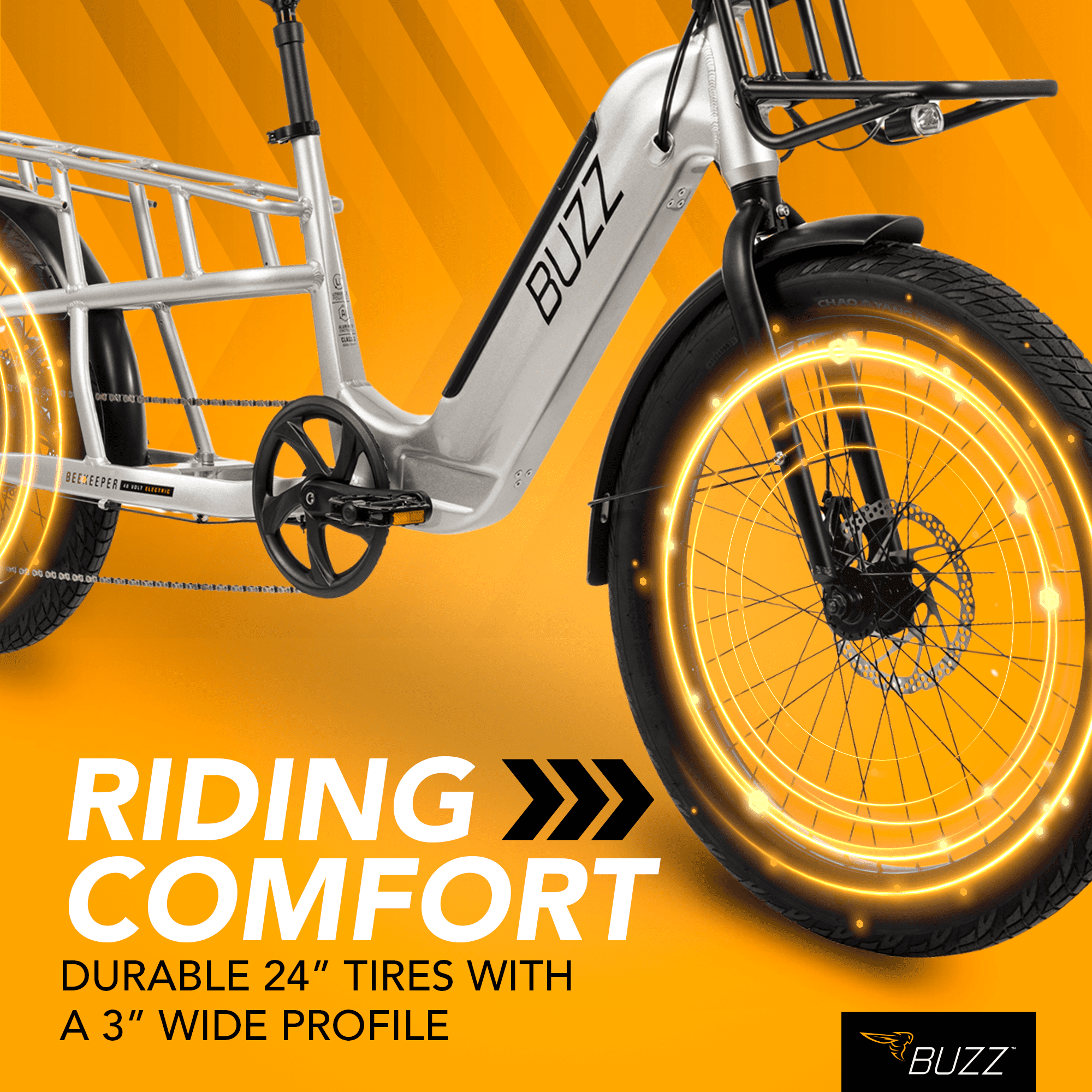 Buzz 24 Beekeeper 48V Electric Cargo Bike, Fits Riders 60+, Silver, Adult, Unisex
