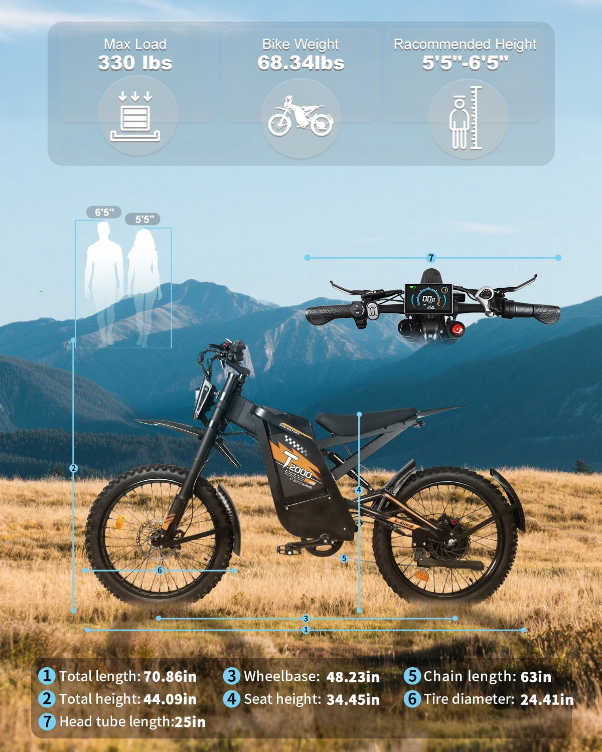 OUXI T2000 Electric Dirt Bike for Adults,3000W Peak Electric Bike,48V 30Ah Battery,37MPH/85+Miles Electric Motorcycles,24 Fat Tire E Dirtbike,Dual Hydraulic Brakes Mountain Bike,E Dirt Bike UL2849