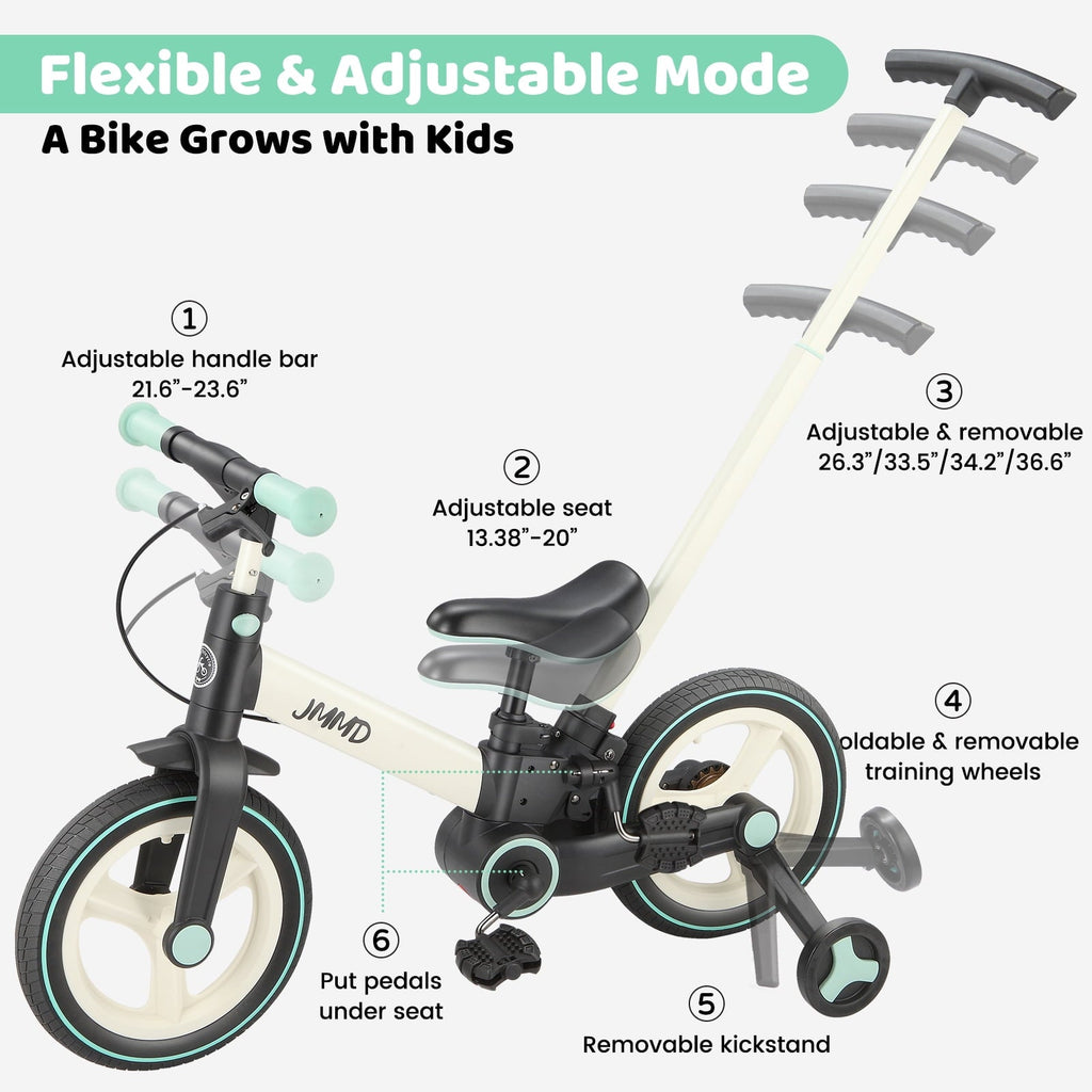 JMMD Toddler Bike with Push Handle for Kid 18-60 Months, 6 in 1 Foldable Tricycle with Training Wheel, Pedals, Kid Balance Bike for Boy & Girl, Black